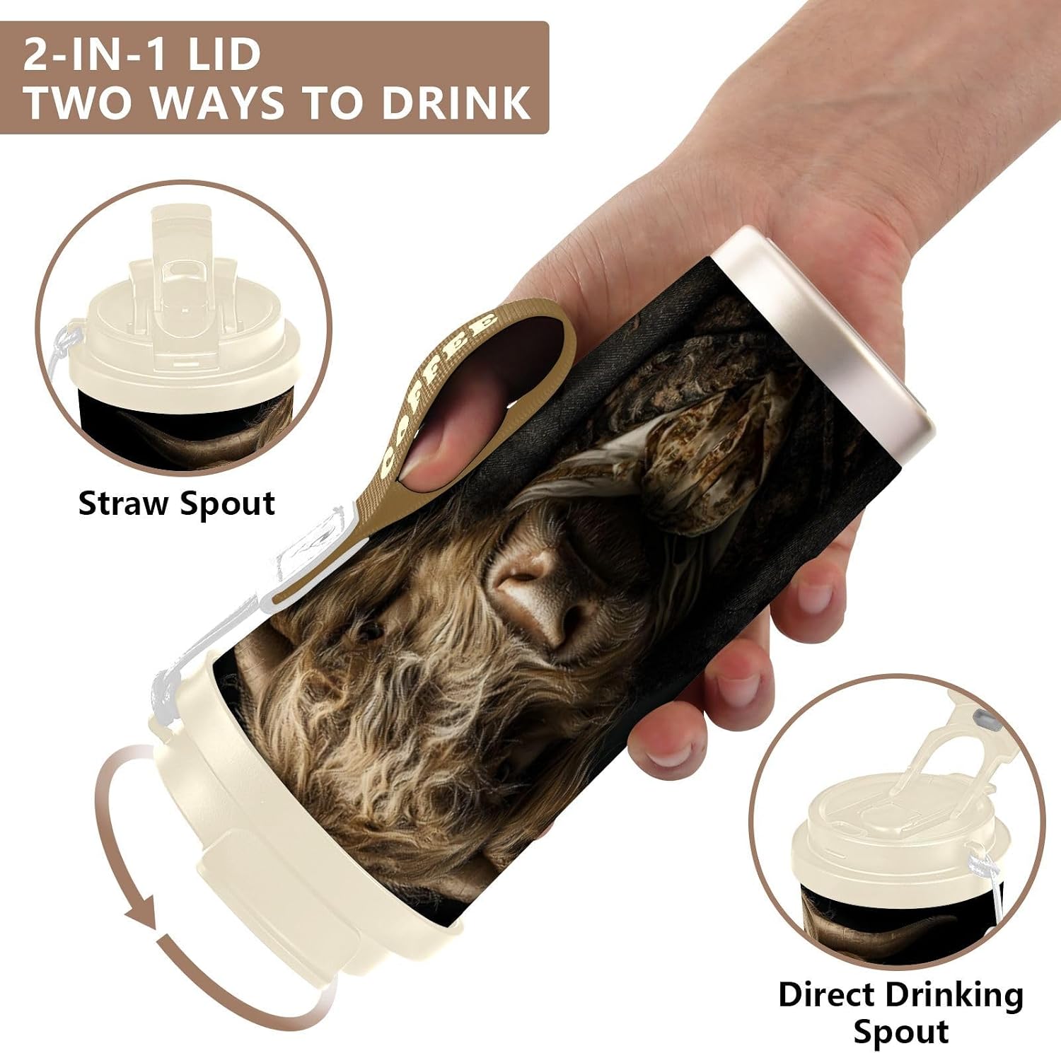 Highland Cow Gothic Insulated Coffee Mug with Straw & Flip Lid, 16.9oz Iced Tumbler Cup, Double Wall Vacuum Mug for Travel Office
