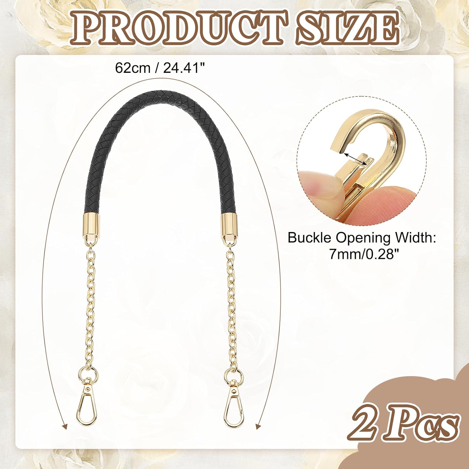 uxcell 2Pcs PU Leather Chain Purse Strap, 24.4 Inch Braided Purse Handle Replacement for Handbags Underarm Bag Tote (Black, Light Gold Buckle) - Image 2