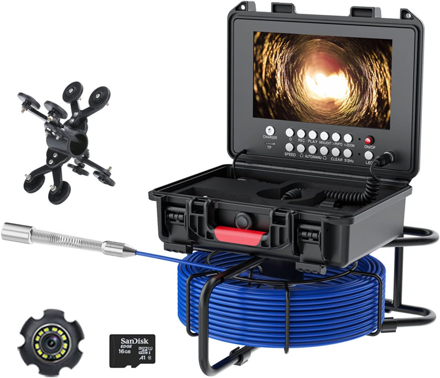Sewer Camera 9 Inch 23mm Drain Pipe Inspection Camera, DVR Industrial Borescope Pipe Video System Built-in 512HZ Transmitter with Auto Leveling, Meter Counter, 16G TF Card,30M