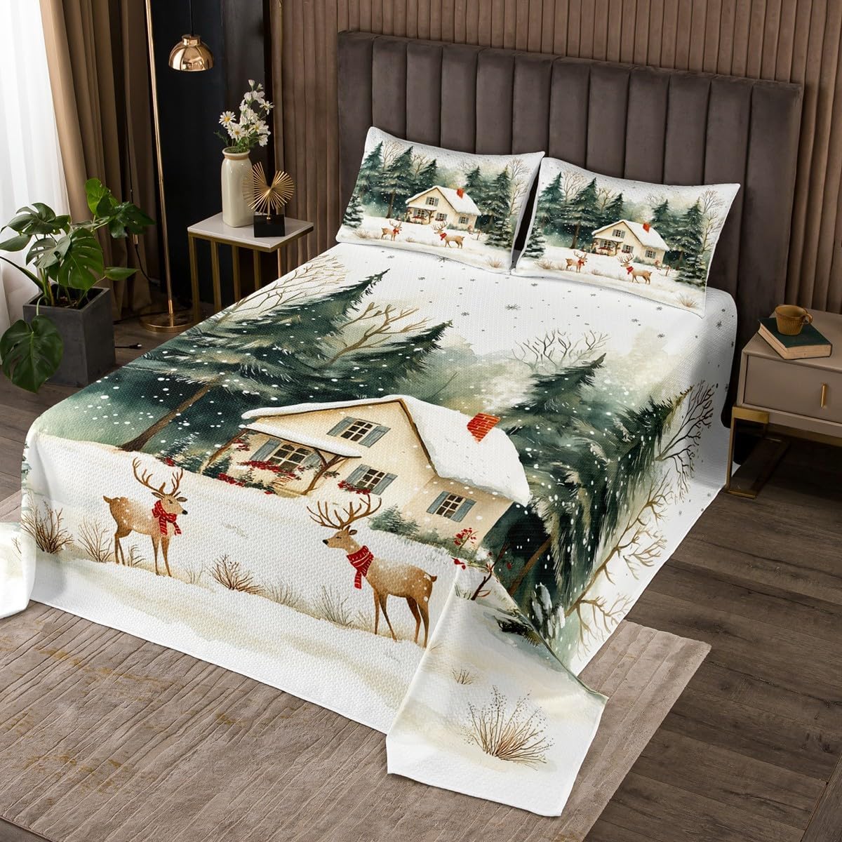 Homewish Retro Rustic Cabin Bedspread Queen Size,Deer Woodland Winter Theme Bedding Set for Kids Boys Girls Room Decor,Snow Scenery Wildlife Quilt 3Pcs,Nature Plant Animal Coverlet Set,2 Pillowcases