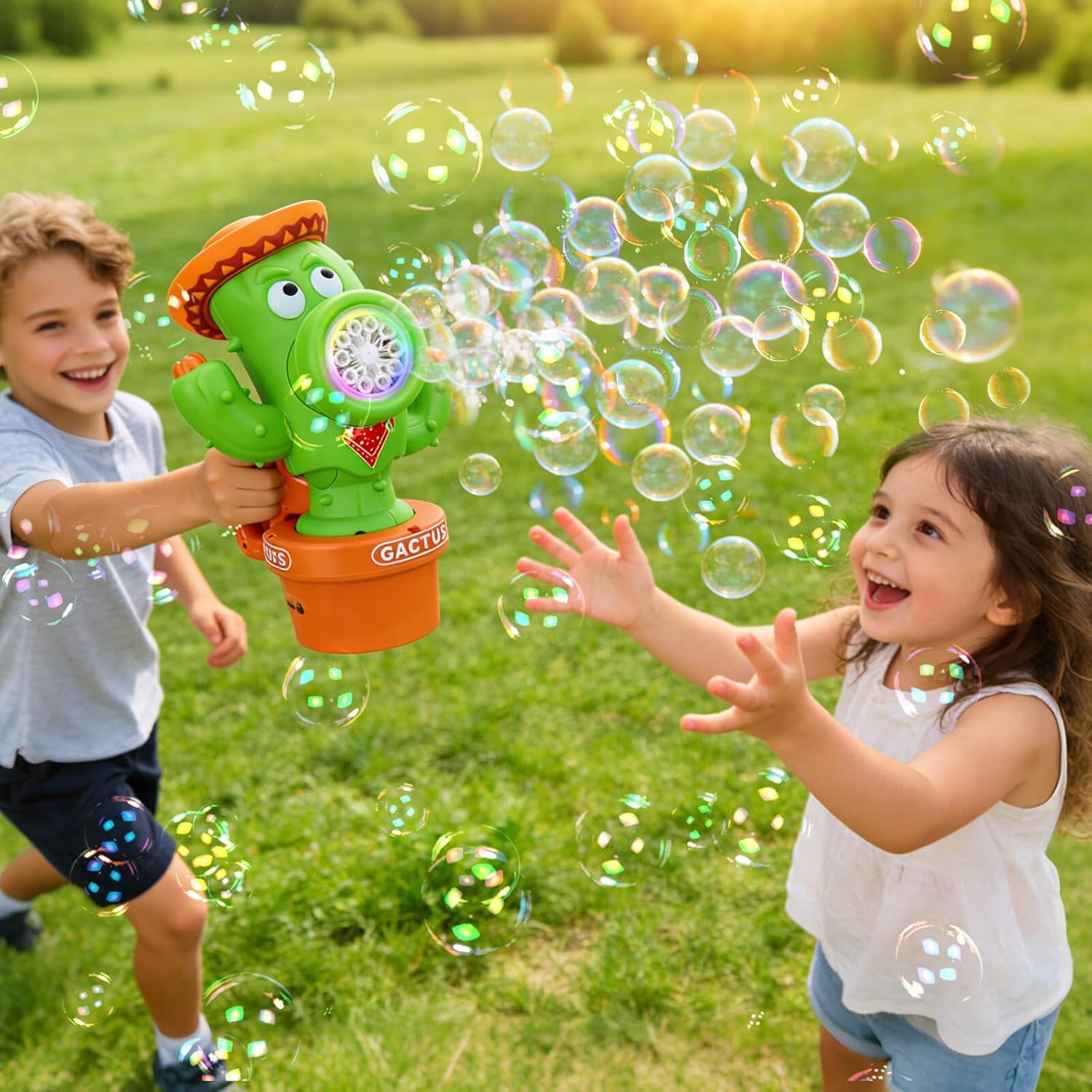 AIERSA 2 Pack Cactus Bubble Machine for Kids, Swing Dance Handheld Rechargeable Bubble Maker with LED Lights, Includes Bubble Solution & 5 Refills, Leak-Proof for Bath Outdoor Summer Birthday Party