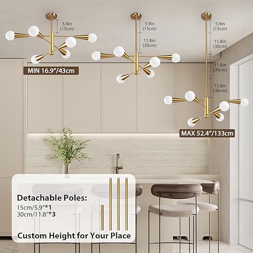 Miniatura 5 de KAISITE Sputnik Chandelier Modern Gold Chandelier 6-Light E26 Mid Century Ceiling Light Fixture Height Adjustable Hanging Pendant Lighting for