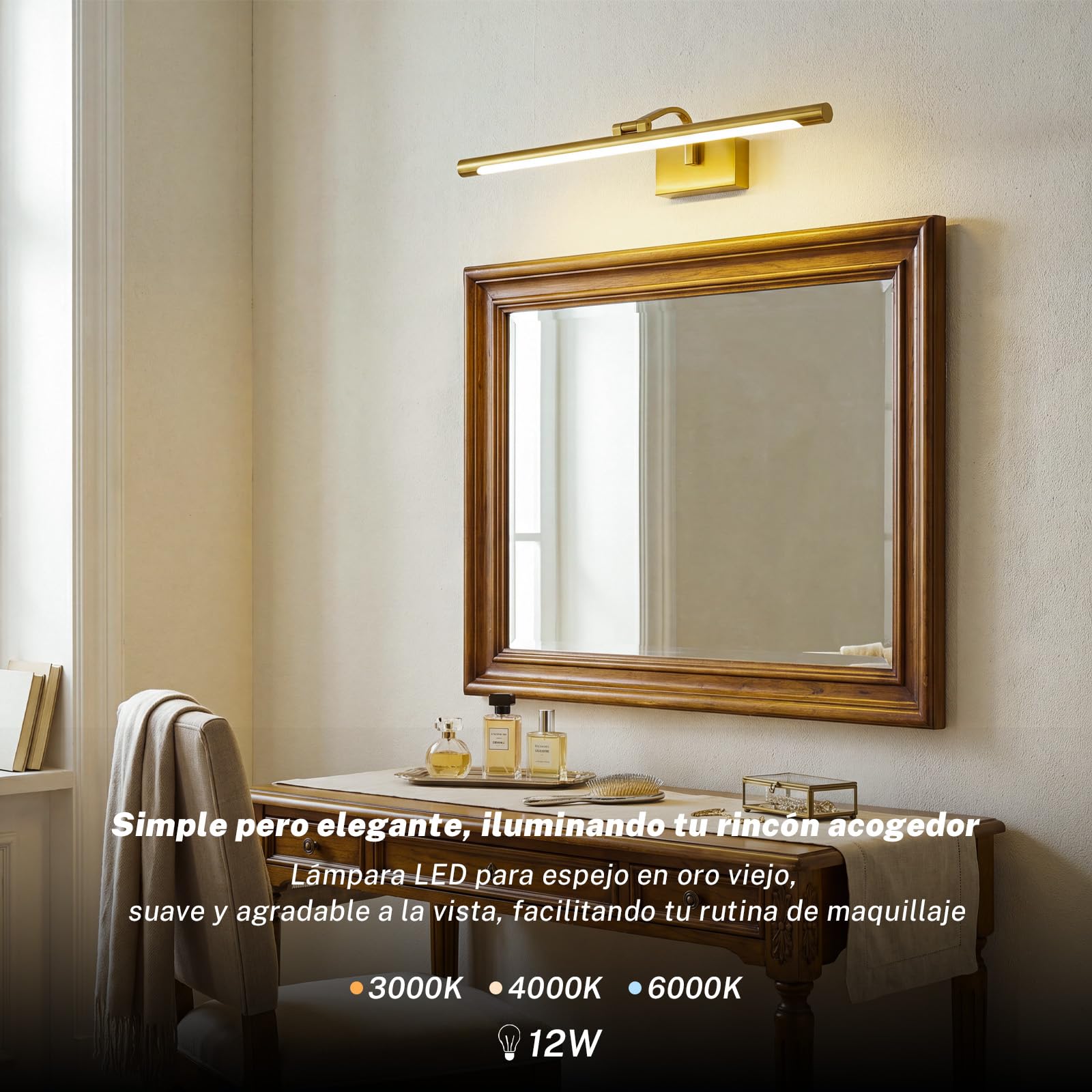 Lampara LED de Espejo Baño, 3 Temperaturas de Color 12W Luz Espejo Baño Moderno, IP44 Espelho Resistente al Agua para baño 630LM, 60CM