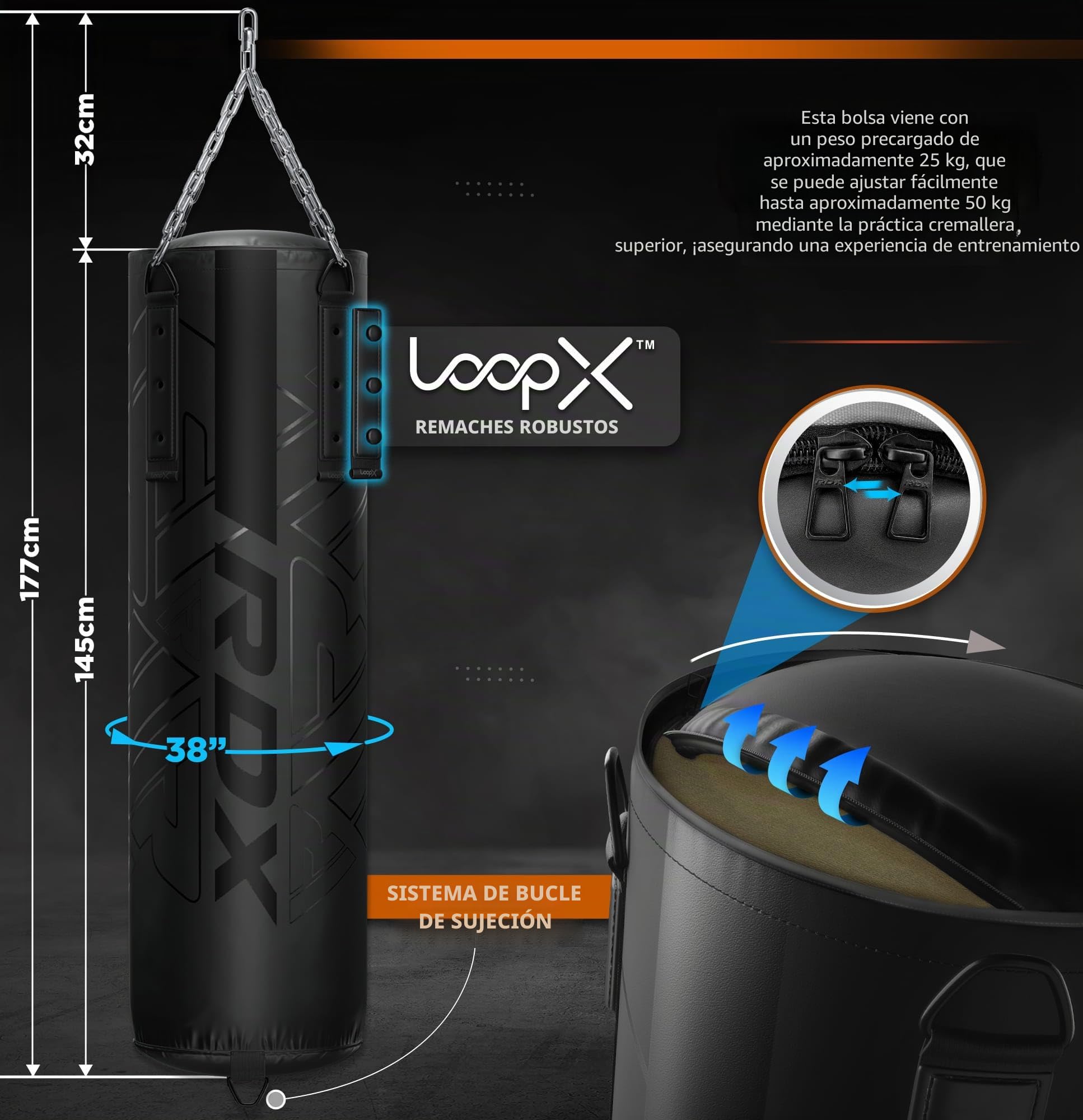 RDX Saco de Boxeo Adulto Relleno 5FT Cuero Maya Hide Punching Bag Set con Guantes Cadena y Soporte de Pared