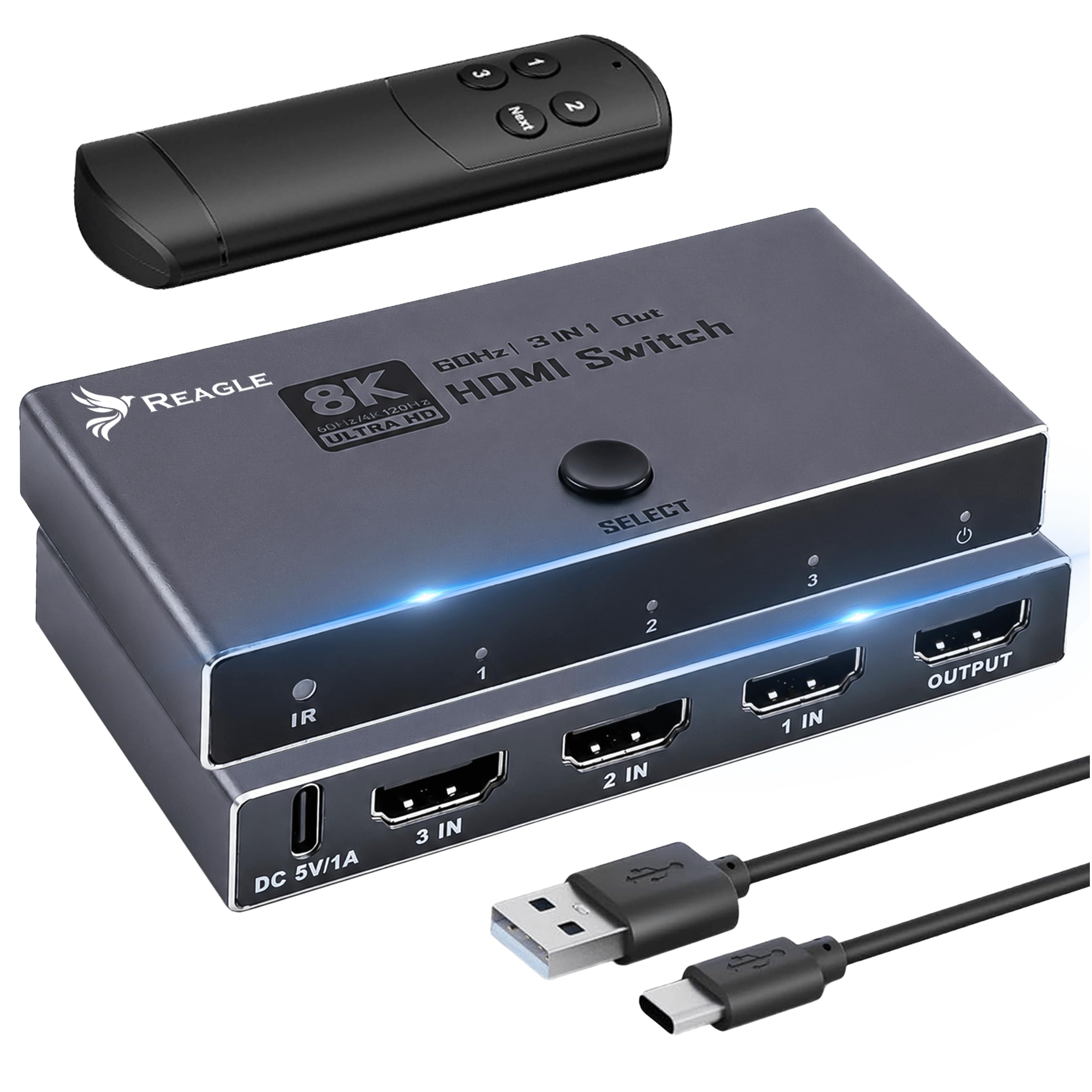 Reagle Switch HDMI 2.1 3 Entradas 1 Salida 8K 60Hz 4K 144Hz, Conmutador HDMI 48Gbps con Mando, HDR10, Dolby Vision, para PS3 PS4 PS5 Xbox 360 One Series X S