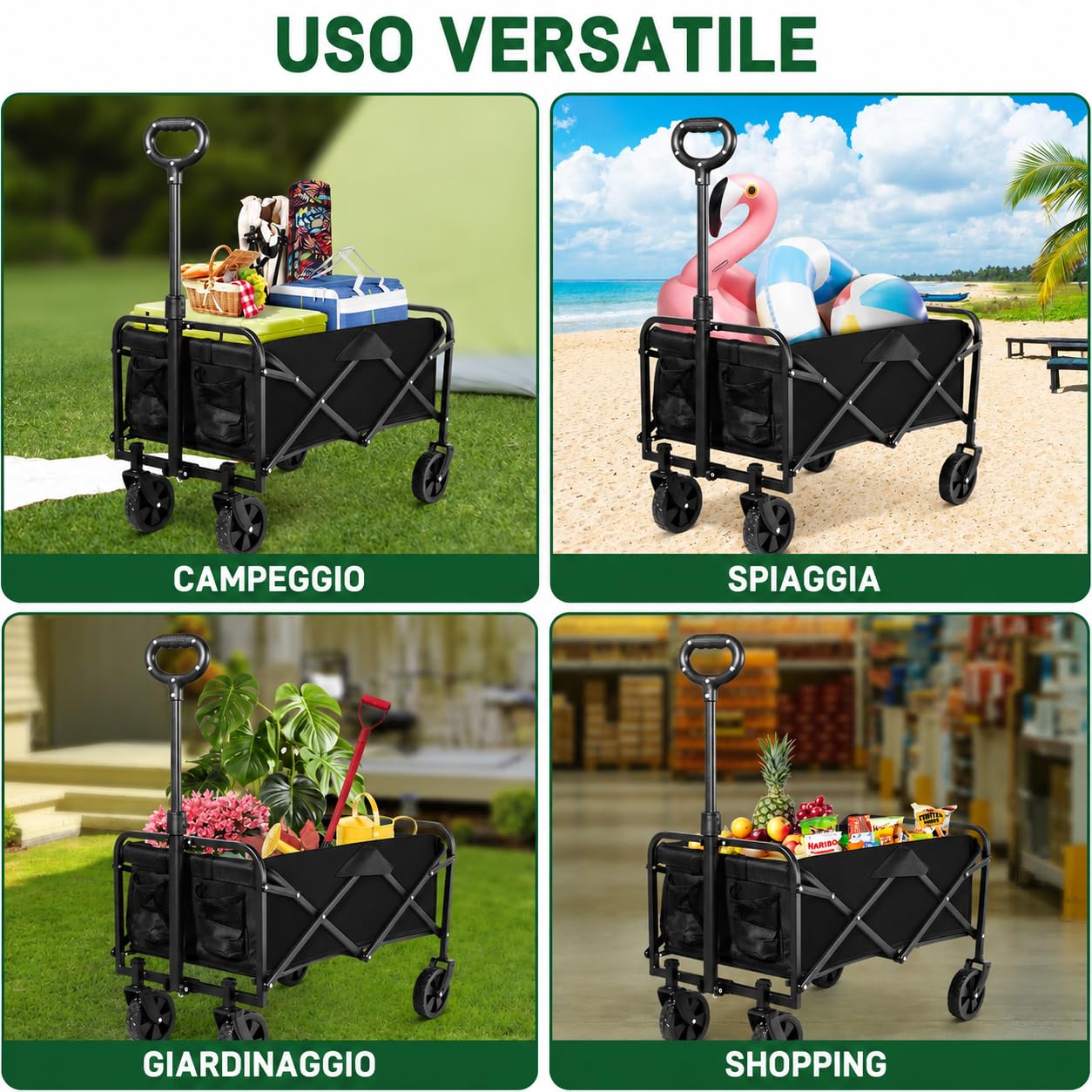 Carrello Giardino Pieghevole 90L Portata 65kg, 4 Ruote di cui 2 Girevoli 360°, Telaio Acciaio Tessuto Oxford 600D Impermeabile, Manico Regolabile 61,5-82cm, Spiaggia Casa Orto