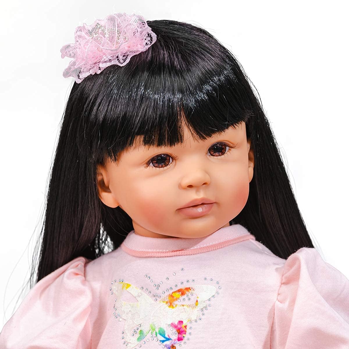 Pinky Reborn Toddler Baby Girl Doll Princess with Long Hair,24 Inch 60cm Lifelike Baby Dolls in Soft Silicone Vinyl with Brown Tan Skin Doll Children Birthday Xmas Gift