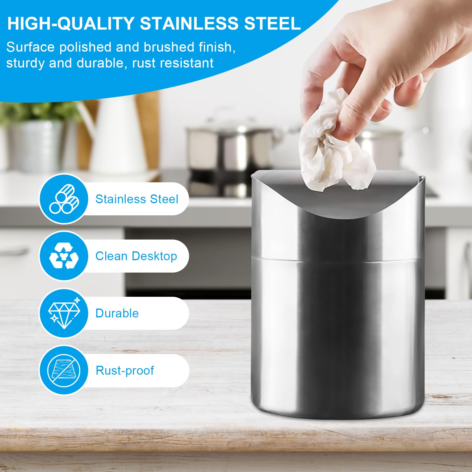 Cubo de Basura de Mesa con Tapa, 2L Mini Papelera Escritorio Cubierta Deslizante, Papelera Pequeña de Acero Inoxidable Papelera de Baño para Cocina, Dormitorio, Baño, Oficina, Plata (12×12×16cm)