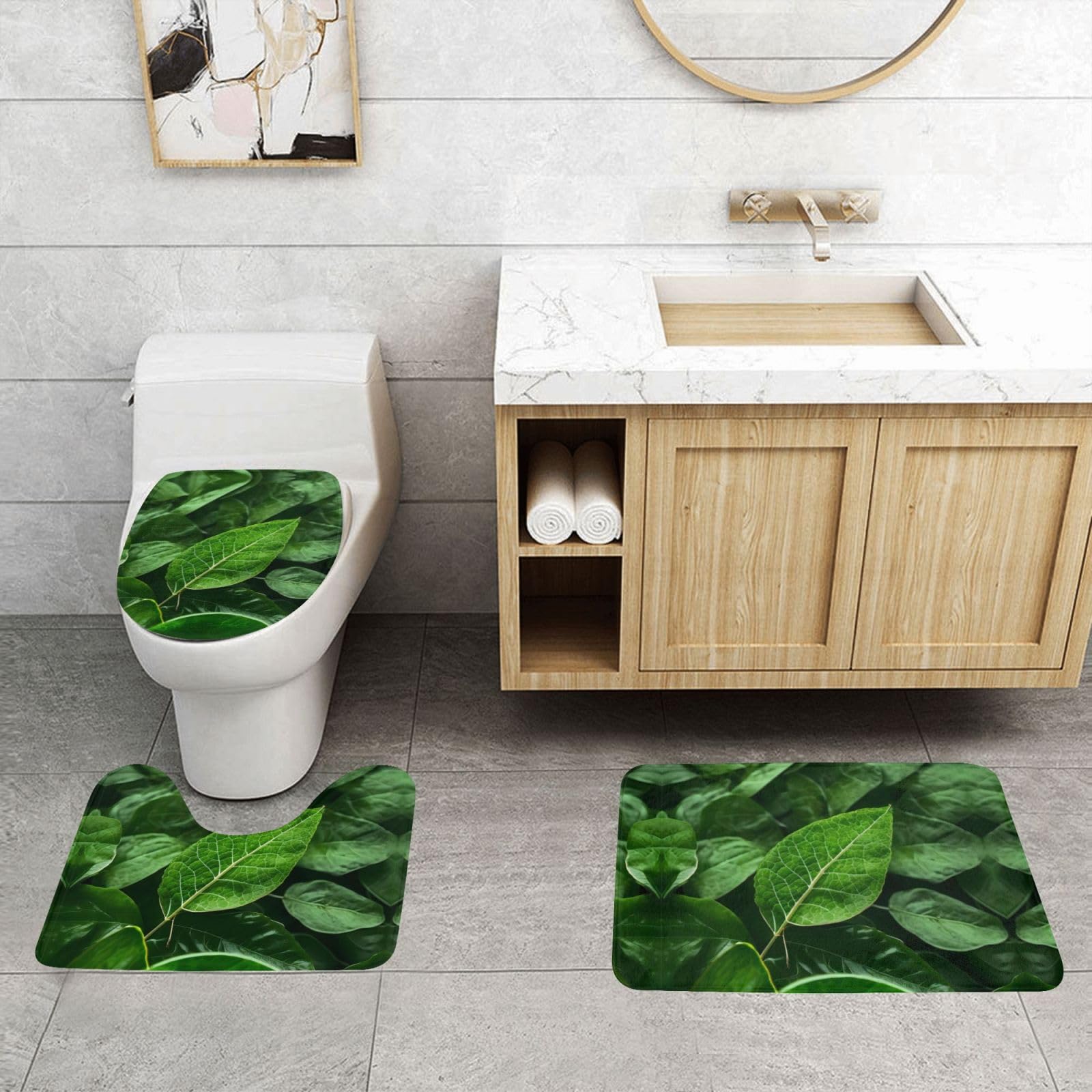 Juego de 3 alfombras de baño PHAYAH Green Nature con base antideslizante para ducha y bañera