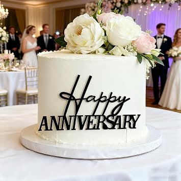 Happy Anniversary Topper, Black Acrylic Party Cake Side Decoration, Company Anniversary Sign Decoration Cake Charm for Valentines Day Wedding Party Supplies Black