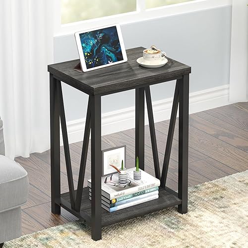 FOLUBAN Mesa auxiliar pequeña, mesa auxiliar de madera rústica y metal con almacenamiento, mesita de noche vintage para sala de estar, dormitorio,