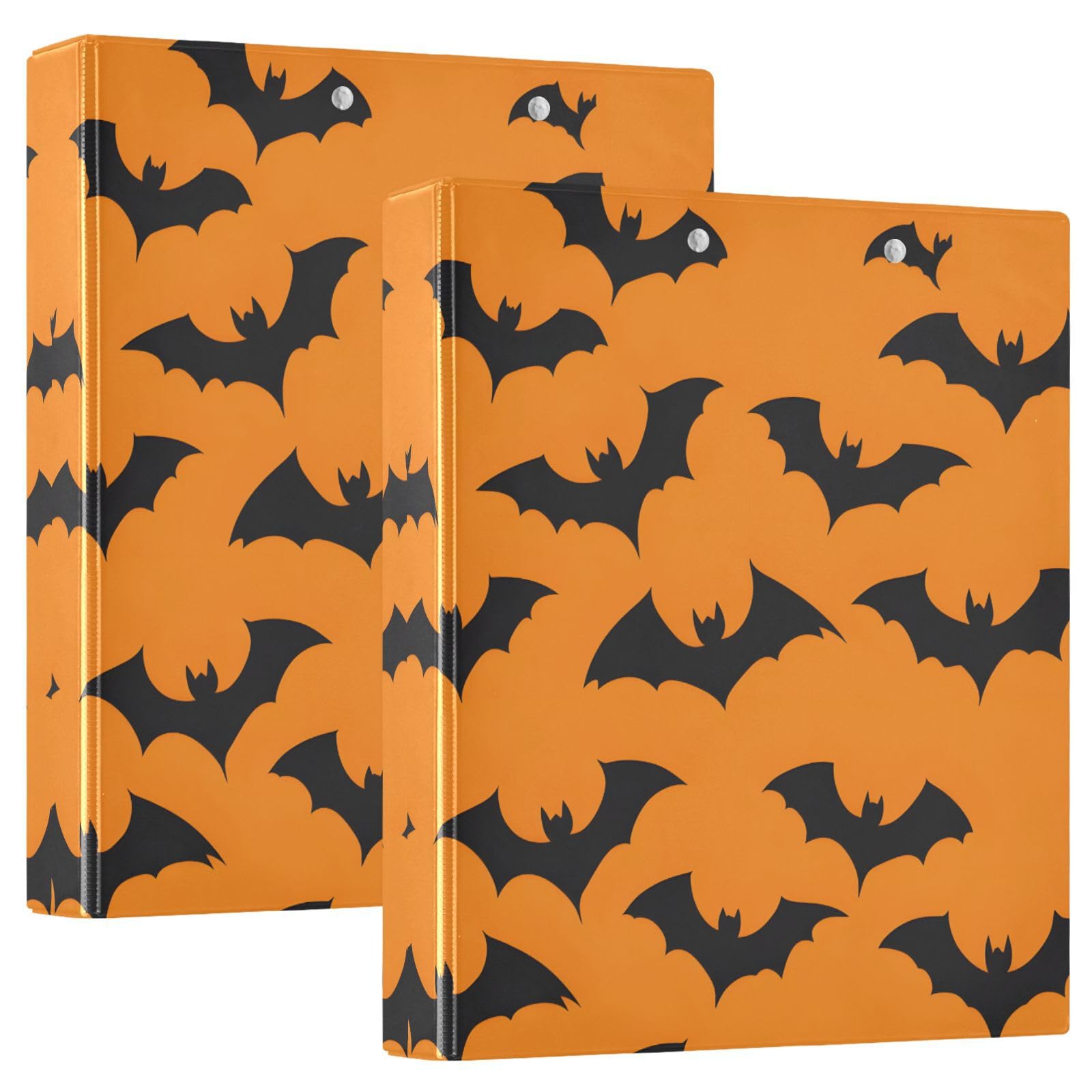 Confezione da 2 raccoglitori a 3 anelli, motivo pipistrelli di Halloween, 3,8 cm, con 3 tasche trasparenti, portablocco e contiene 200 fogli, per ufficio, scuola, organizzazione domestica