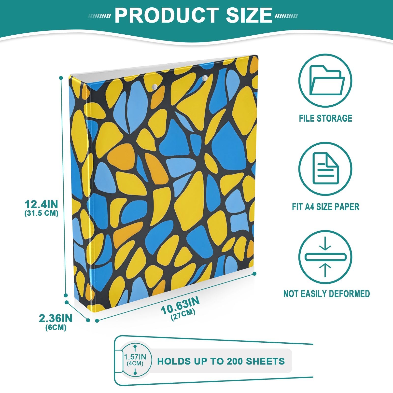 Raccoglitore a 3 anelli, con stampa a blocchi blu e gialli, 3,8 cm, contiene 200 fogli con 3 tasche interne trasparenti in PVC, per scuola e ufficio