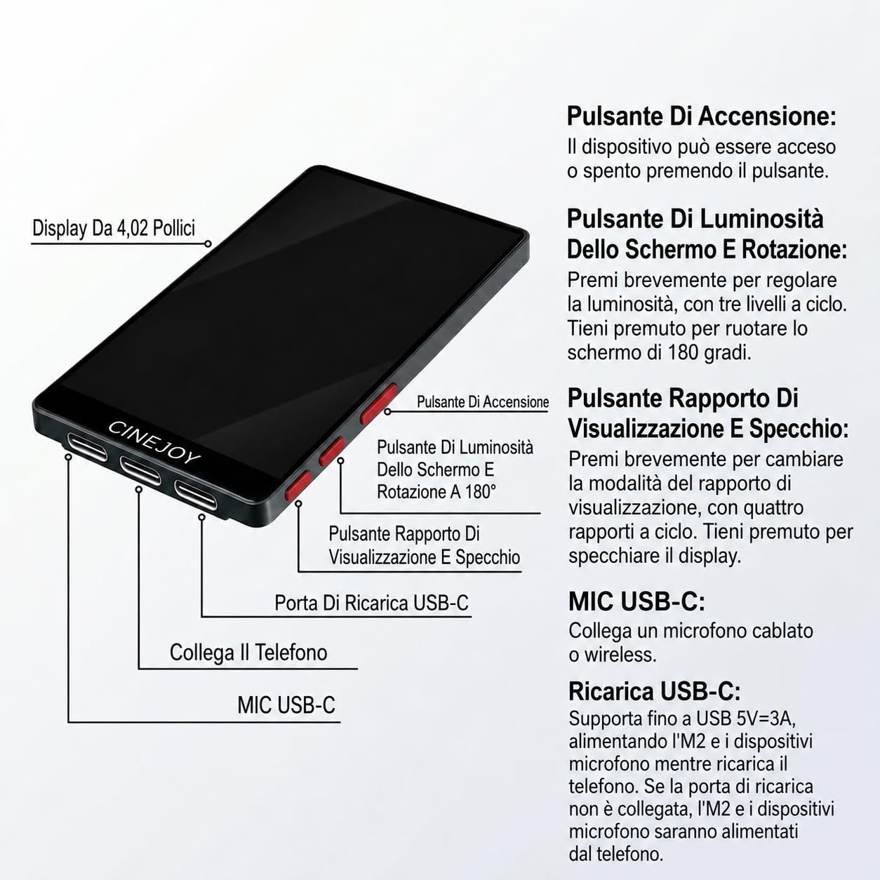 EACHSHOT CineJoy M2 Vlog Schermo Monitor Selfie Magnetico, Senza Ritardo 4K | Connessione Cablata, 𝐟𝐨𝐫 𝗶𝗣𝗵𝗼𝗻𝗲𝟭𝟳 𝟭𝟲 𝟭𝟱 series, 𝐍𝐨𝐭 𝟏𝟕𝐀𝐢𝐫, Porta Microfono p TikTok Live Stream (Nero)