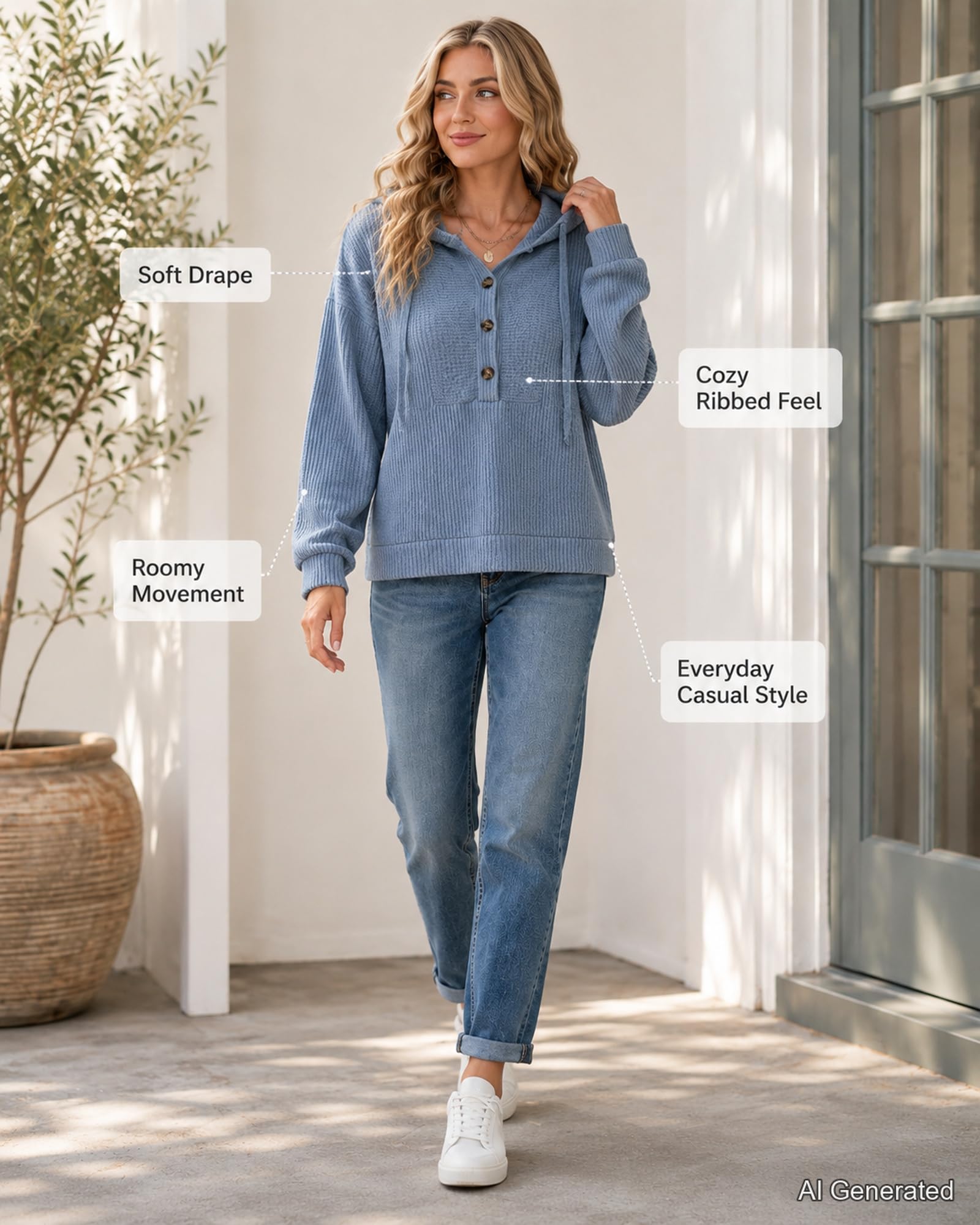 Damski sweter z kapturem Henley prążkowany sweter z długim rękawem i | Henley Inspirowany Dekoltem Plisa Guzikowa Prążkowana Tekstura Luźne Kroplone Ramiona Regulowany Kaptur Ściągacze Codzienne
