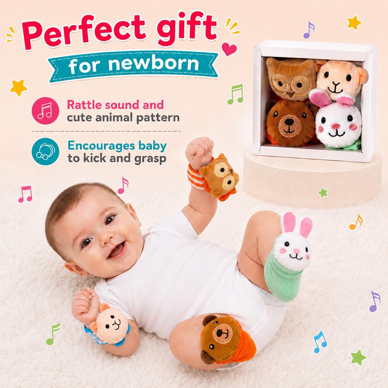 Jinglers Rattle Set for Babies 0-6 Months, Wrist Rattle & Foot Finder Socks, Soft Sensory Toy for Early Learning, Tummy Time Toys for New Born Baby Girl & Boys 6-12 Month, Gift 0-12 Months 2