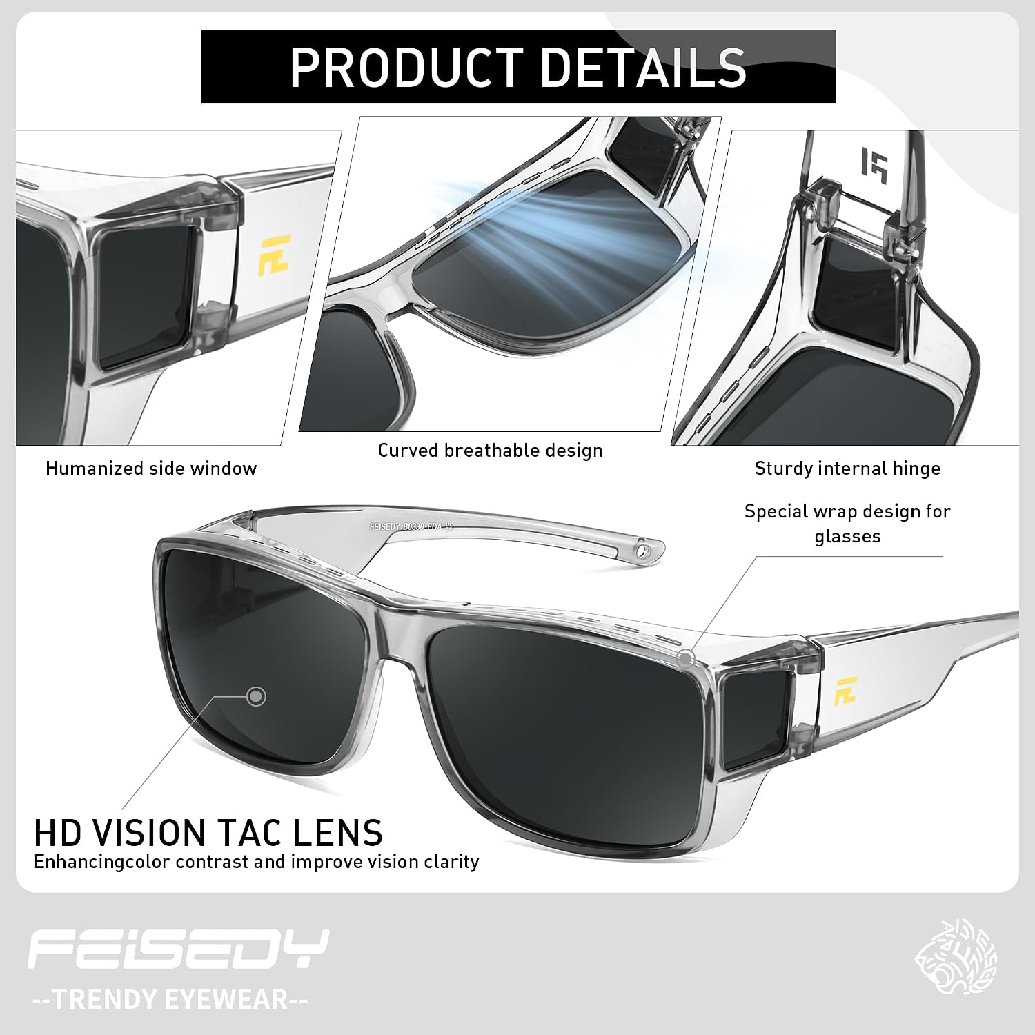 FEISEDY Polarized Fit Over Glasses Sunglasses,Wrap Around with Side Shield, TAC Lens Driving Sports B0330