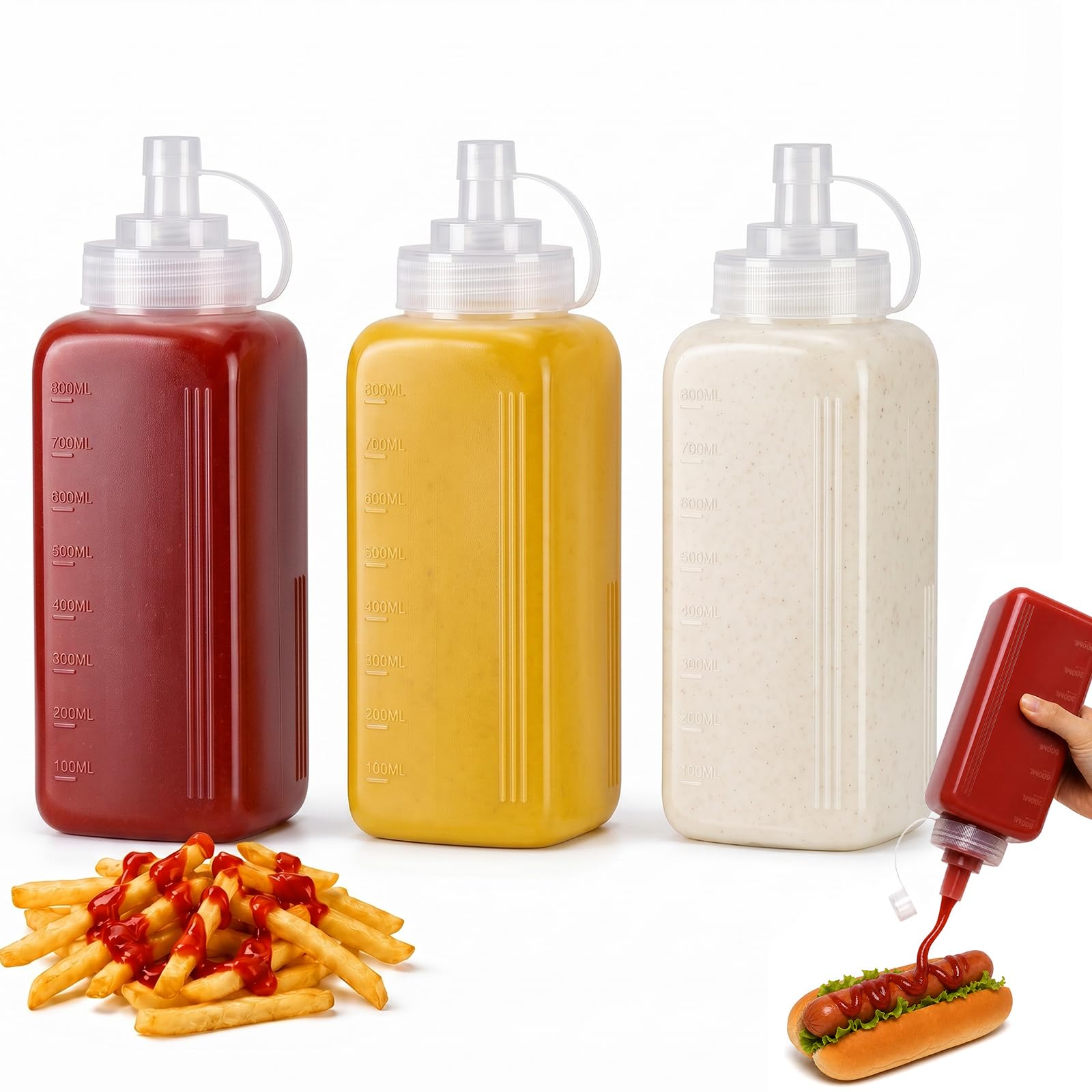 OAMCEG 800ml Square Sauce Squeeze Bottles - 3 Pack Plastic Ketchup & Condiment Bottles with Measurement for Syrup, Dressings, Mayonnaise，Hot Sauce