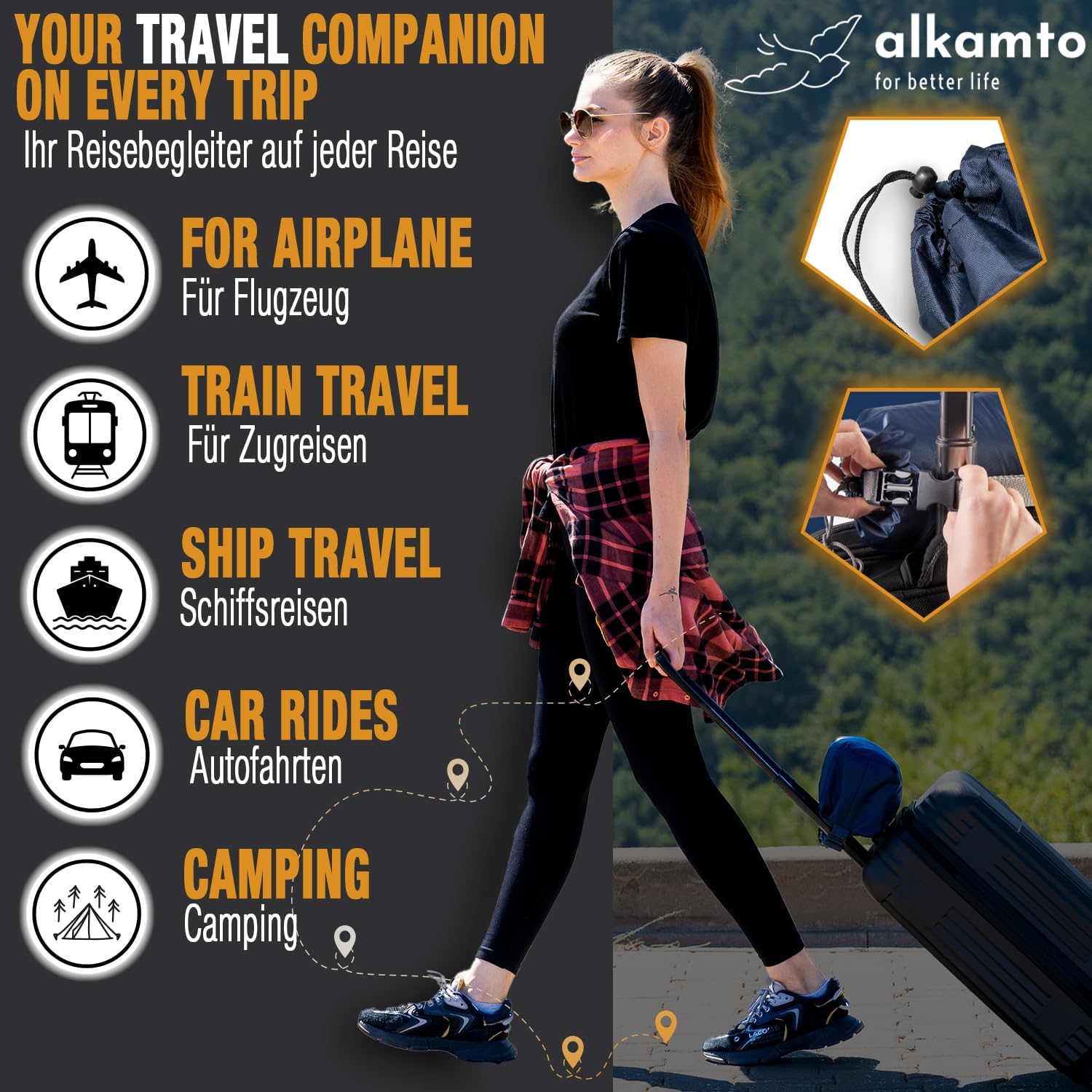 alkamto Almohada de Viaje Almohada de Camping – Espuma viscoelástica con Funda de algodón Adicional – Bolsa incluida