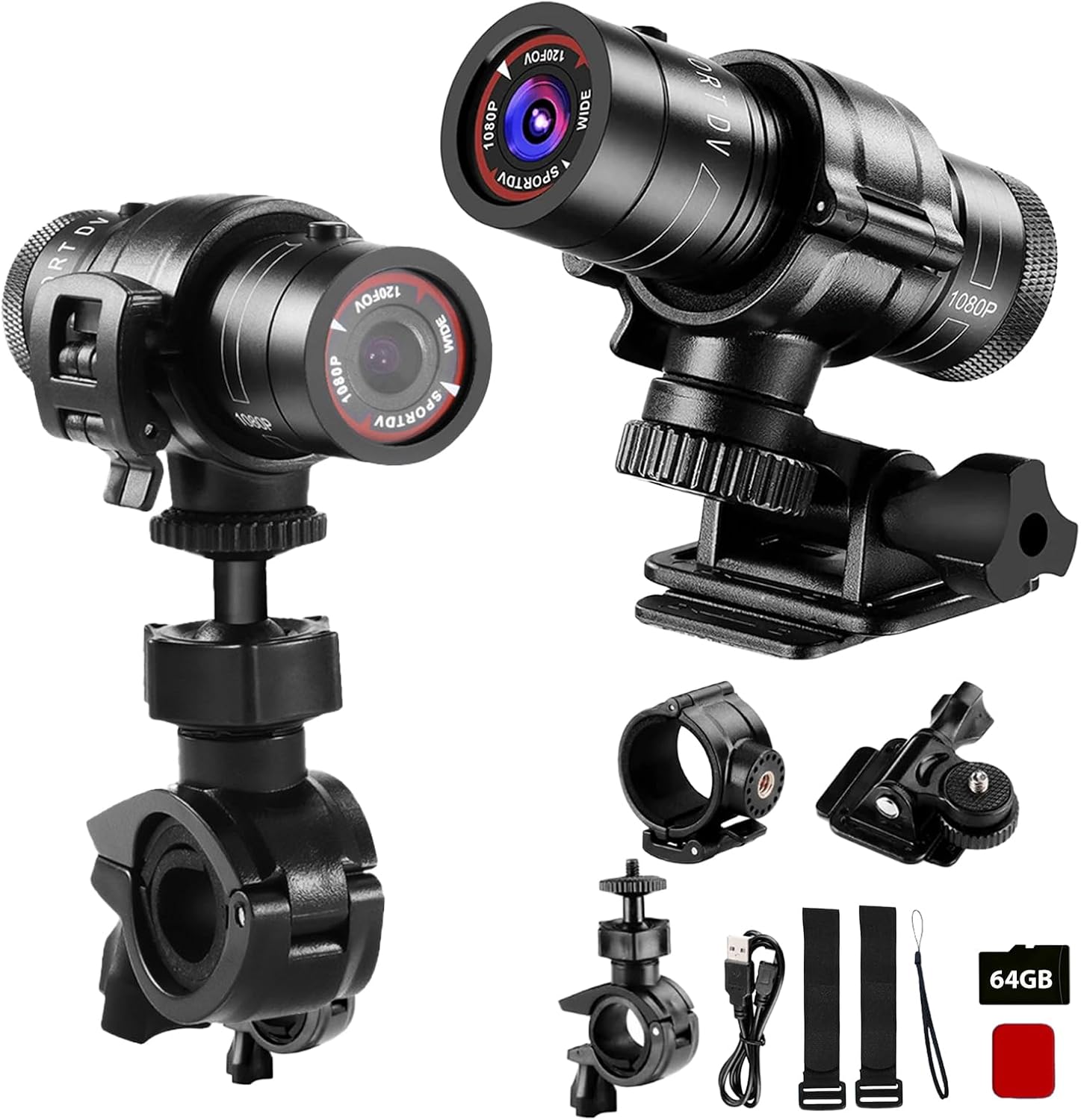 Motorcycle Helmet Camera, HD 1080P Bike Helmet Camera, Mini Action Camera for Cars, Bicycle, Motorbike & Sports Helmet (with 64GB U3 Card)