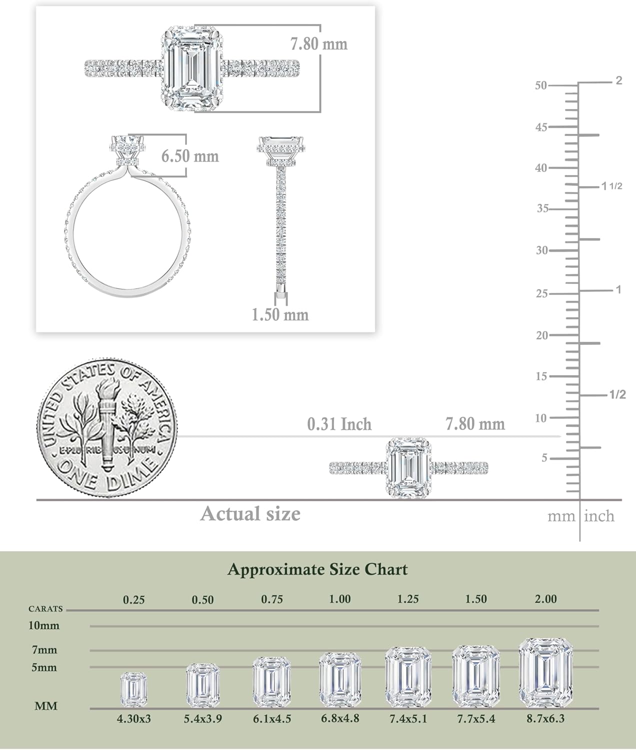 Dazzlingrock Collection 925 Sterling Silver Solitaire Hidden Halo Engagement Ring for Women with 1.38 cttw, Emerald Cut (1.00 ct) & Round (0.38 ct) Lab Grown White Diamond or Cubic Zirconia