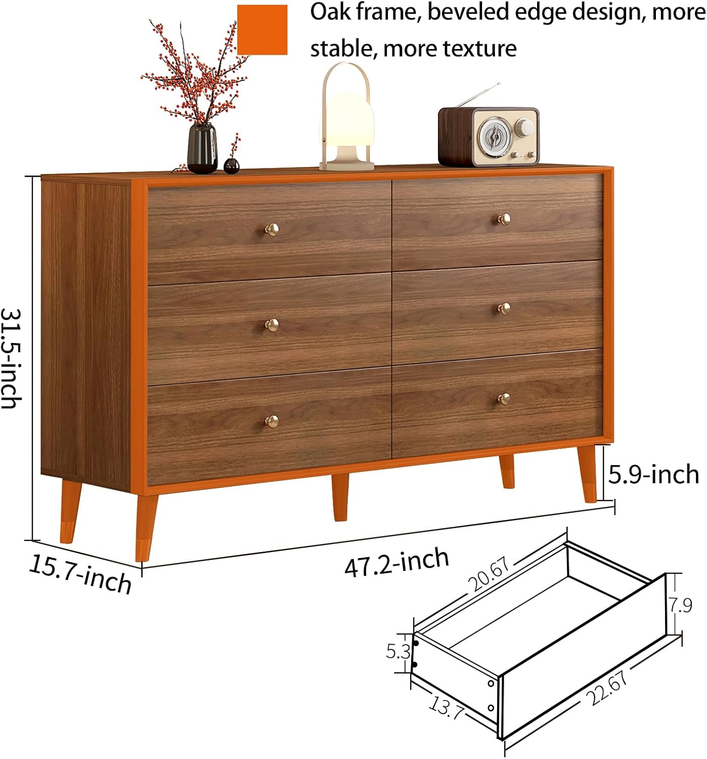 Dresser for Bedroom, Mid Century Modern 6-Drawer Solid Wood Chest, 47 Inch Walnut Finish, Heavy-Duty Drawer Glides, Storage Cabinet for Living Room, TV Stand (Brown, 47.2) Brown 15.8"D x 47.2"W x 31.5"H (6 Drawers)