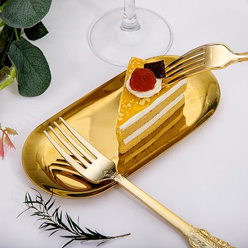 Miniatura 5 de WDF 100 tenedores dorados desechables  Tenedores de plástico dorado de 7.48 pulgadas  cubiertos de plástico dorado barroco para pastel de postre