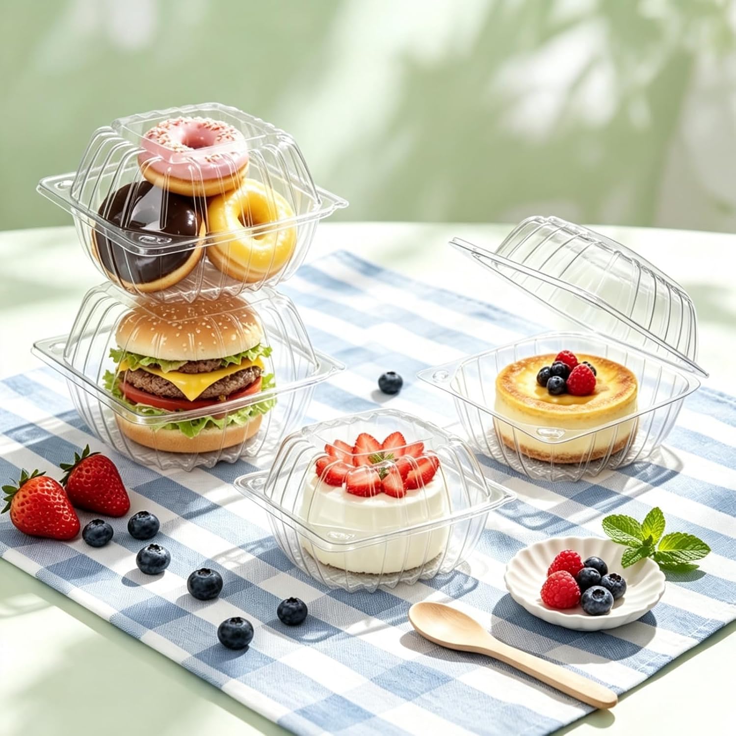 Clear Clamshell Food Containers 200 Pcs, 6"x6"Disposable Hinged To Go Boxes | Pet Material, Durable, Hinged Lid, Stackable Storage, Clear Visibility, For Cakes Dessert Sandwiches, Party Takeout Bakery