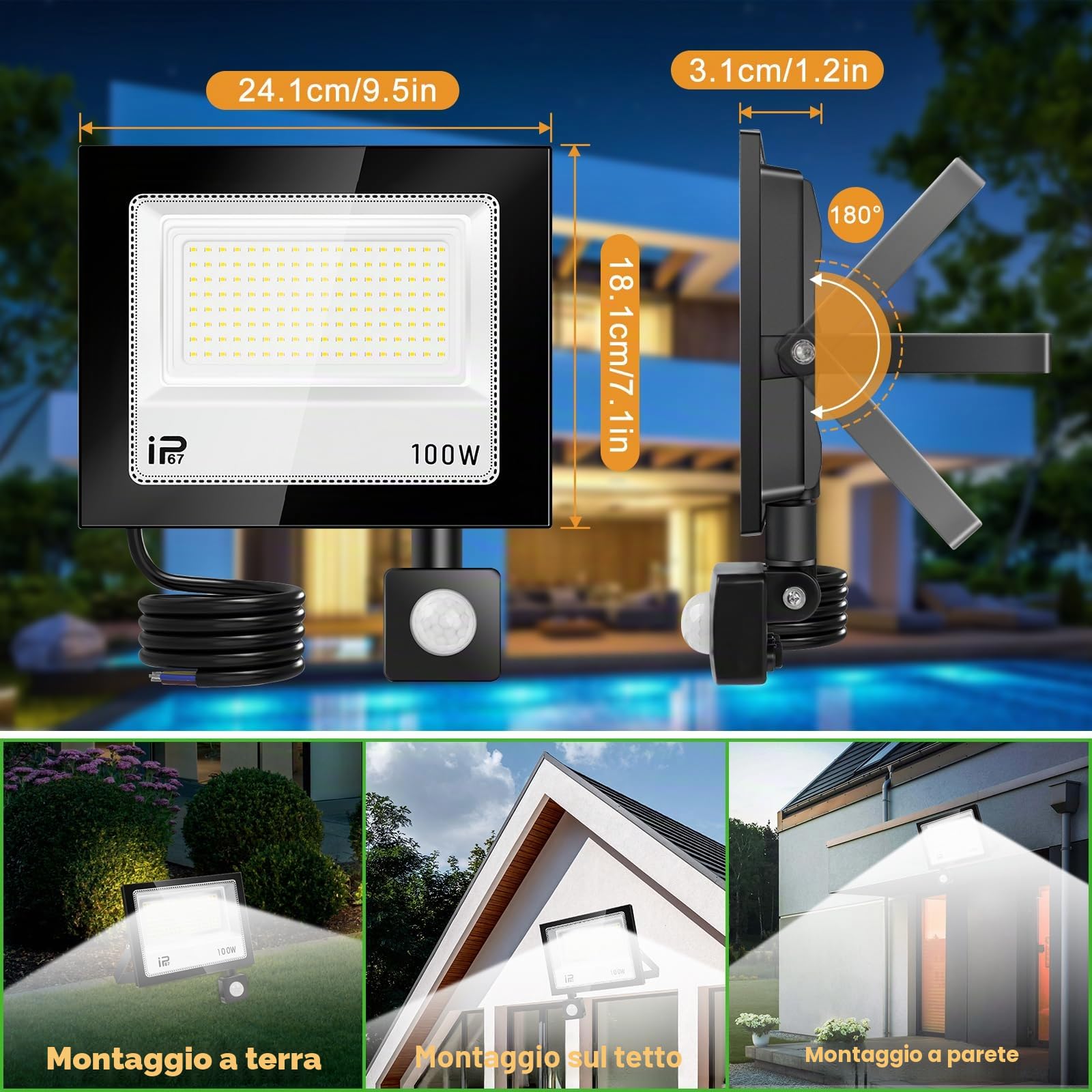 Faretto LED da 100 W, con sensore di movimento, per esterni, 10000 lm, 7000 K, super luminoso, IP67, impermeabile, con telecomando, luce bianca fredda per giardino, garage, campo sportivo, cortile