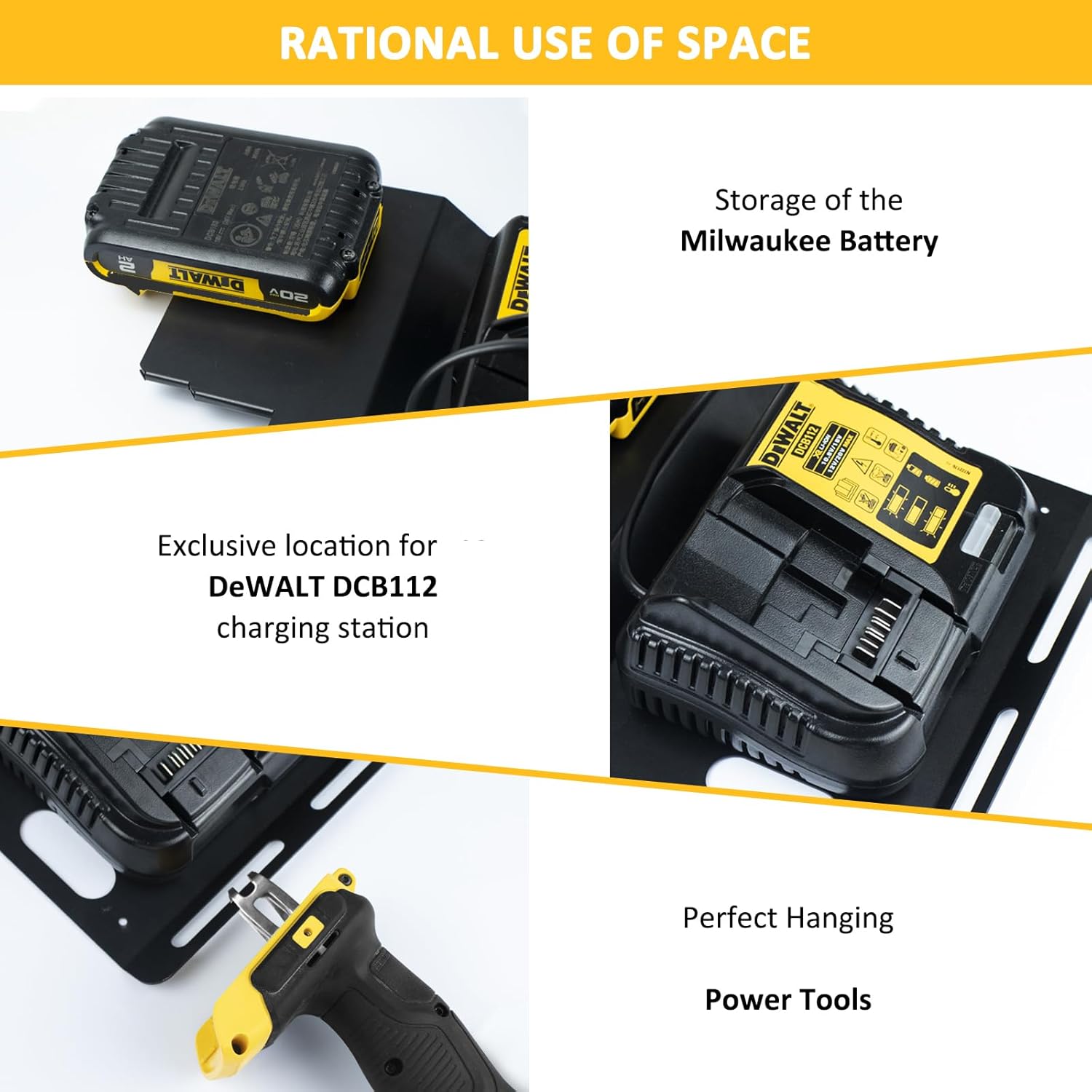 Wall Mount Bracket for DeWalt Battery and DCB112 Charger, Metal Black Rugged 4 Battery Holder and Charger Holder for Tool Room and Garage
