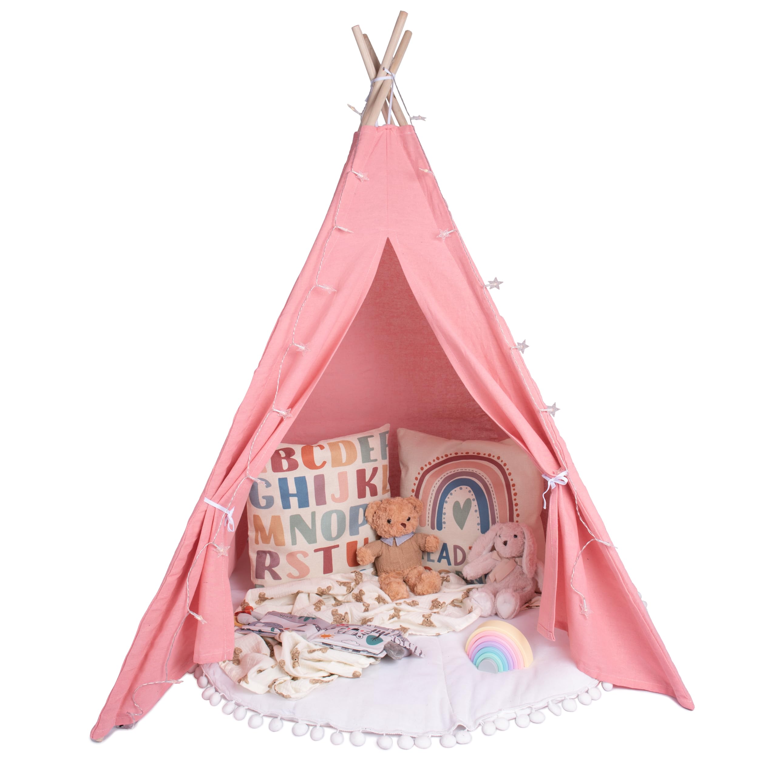 Tienda tipi rosa pálido para niños | Tienda de juego emergente para niñas y niños 140 x 120 cm lona de algodón con estrellas luminosas y accesorios de alfombra