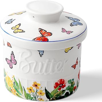 Toptier Butter Crock for Counter With Water Line, On Demand Spreadable Butter, Ceramic Butter Keeper to Leave On Counter, French Butter Dish with Lid Butterfly Flowers