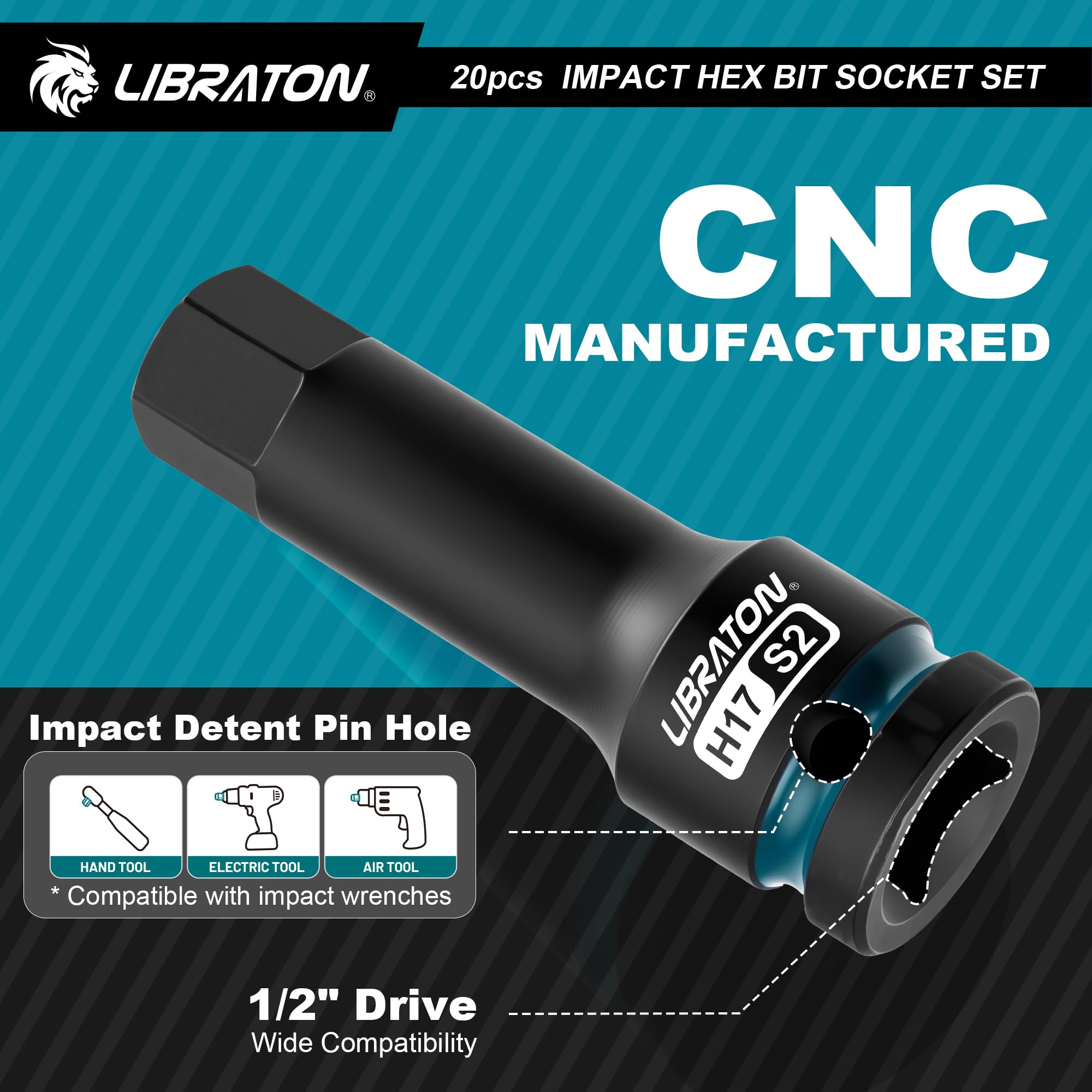 LIBRATON Impact Hex Bit Socket Set, 1/2" Dr, S2 Steel - Image 4