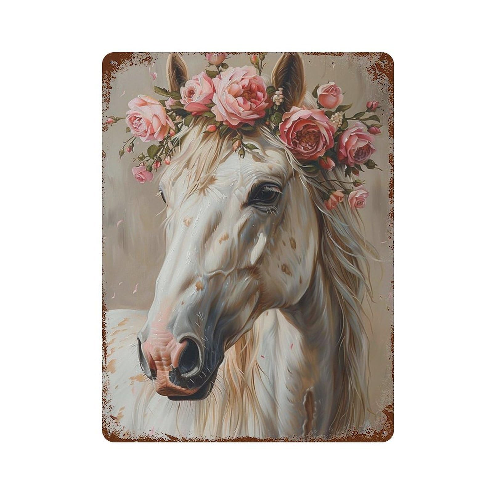 Floral Crown Horse Art Print Vintage Rust Metal Sign 15.7"x11.8", Ideal for Cafe, Home Bar And Lounge Decor