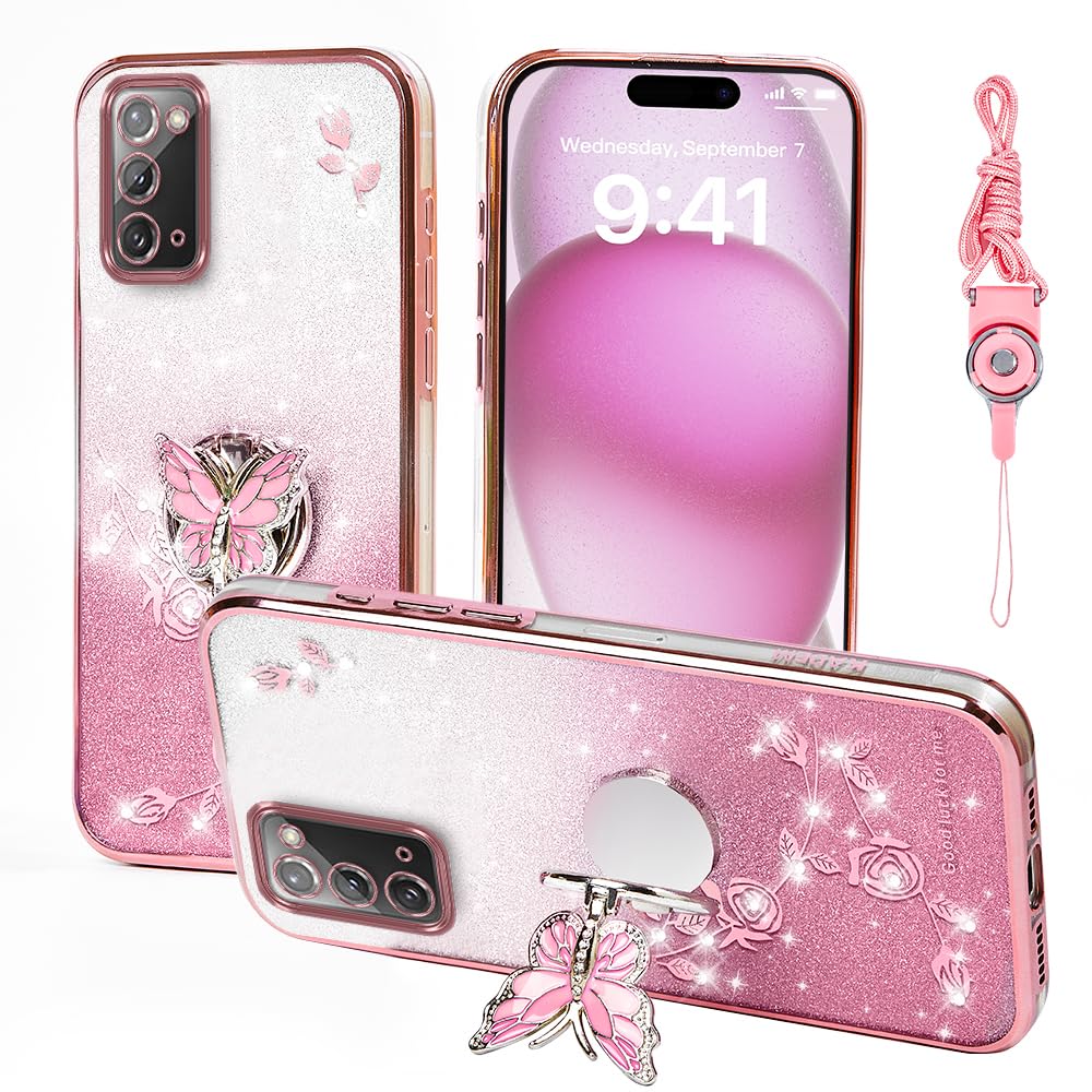 for Samsung Galaxy Note 20 Phone Case,for Note20 Mobile Phone Case for Women and Girl, Glitter Butterfly Floral TPU Protective Cover with Kickstand+Strap for Samsung Note 20 (Pink)