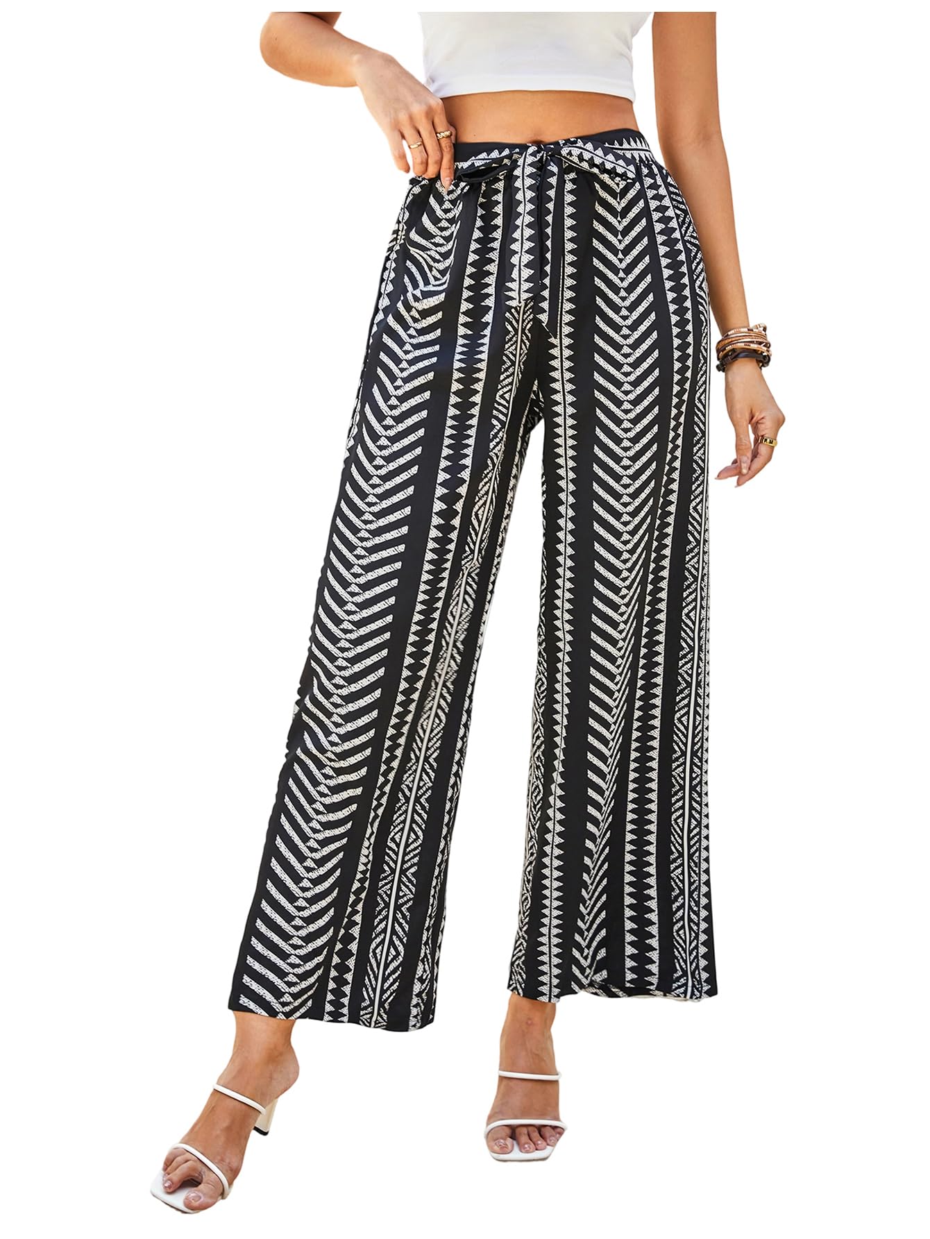 SHENHE Womens Striped Wide Leg Geo Print Boho Pants Belted Loose Flowy Palazzo Pants