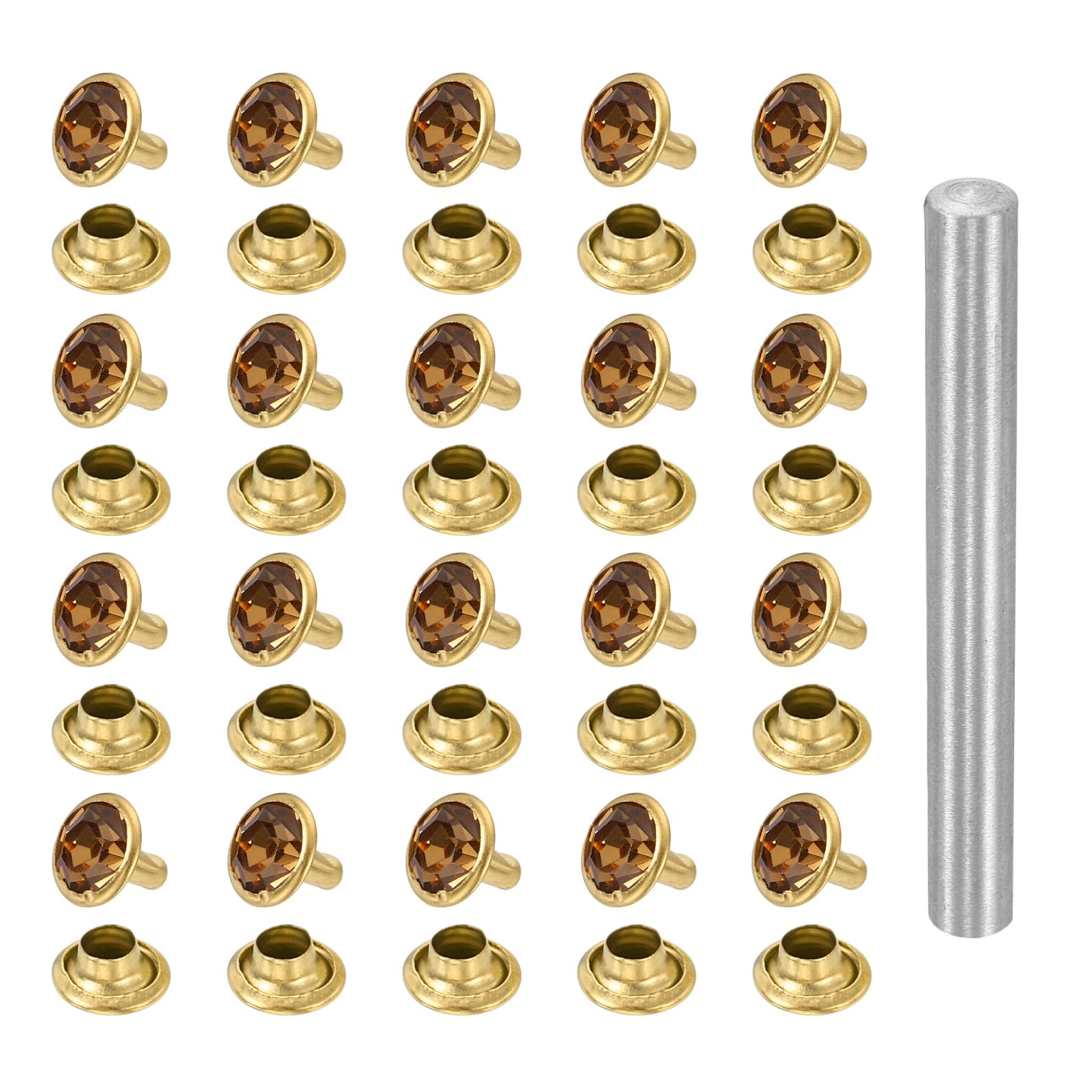 sourcing map 100pcs Crystal Rivets 8mm Rhinestone Rapid Stud Rivets with Steel Installation Tool for Clothing Leather Fabric Arts Decoration Leathercraft DIY, Gold Brown Yellow