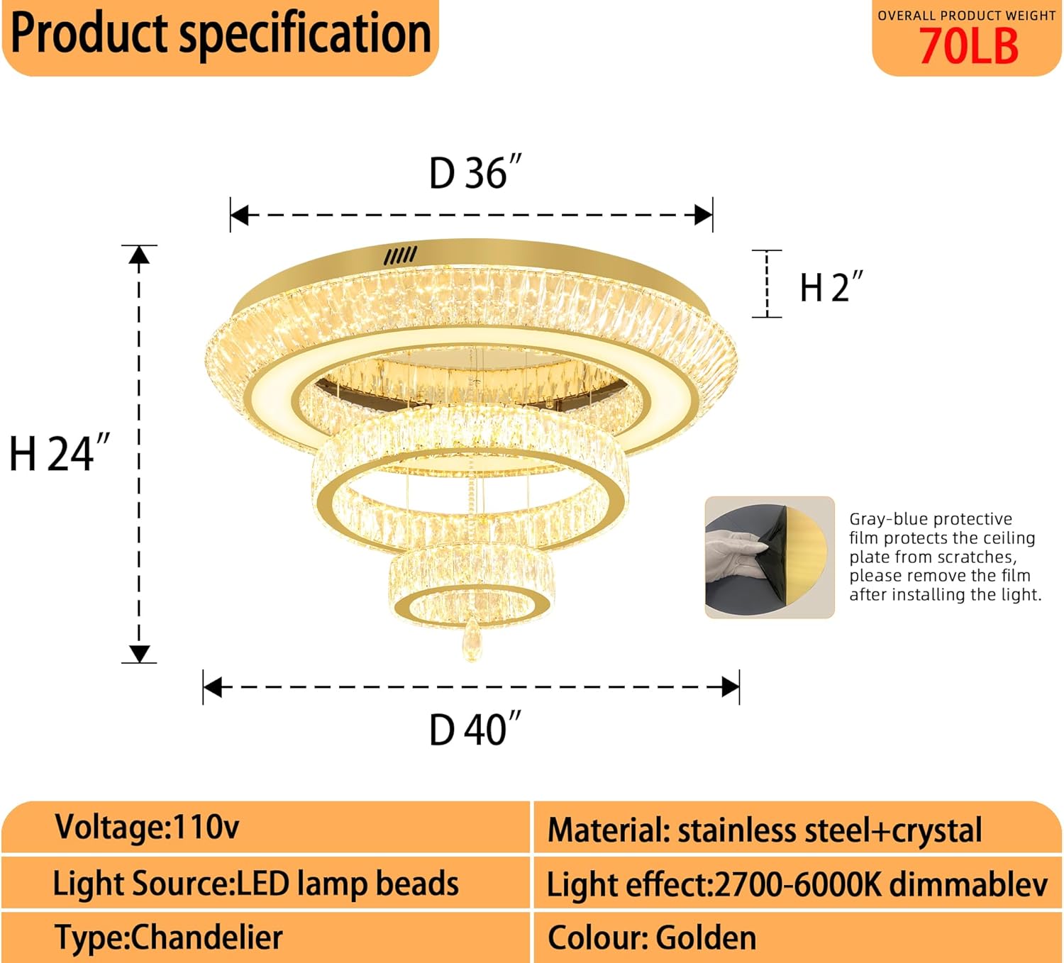 Led 40'' Gold Ring Crystal Chandelier,Modern Luxury Ceiling Lights Fixture for Dining Living Room 3-Tier Raindrop Chandeliers Lighting LED Dimmable 3000-6000K