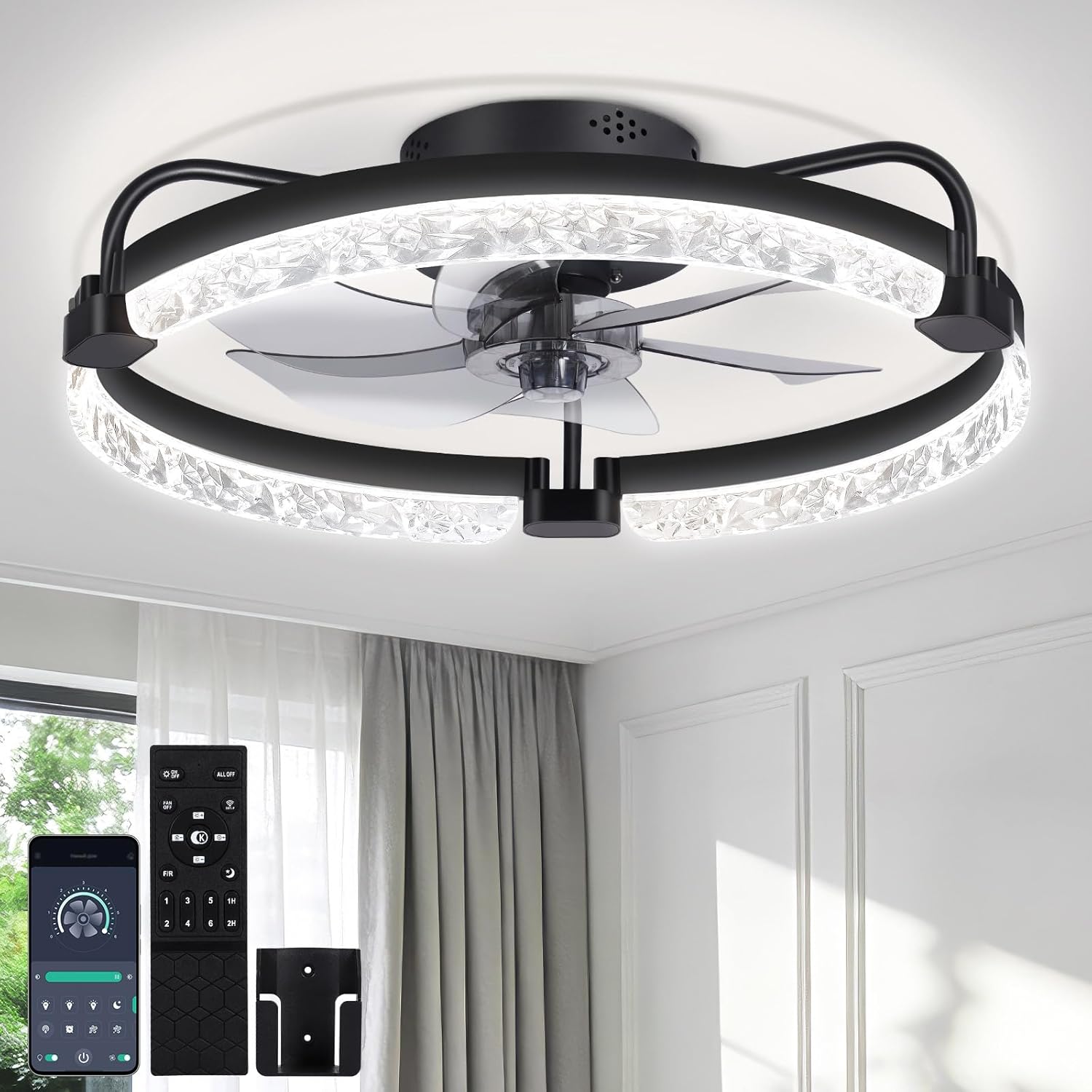 OUTON 20" Fandelier Low Profile Ceiling Fan with Light, Remote & App Control, Flush Mount Ceiling Fan with 3000K-6500K Stepless Dimmable, 6 Speed, Quiet DC Motor, Small Modern Fans for Bedroom