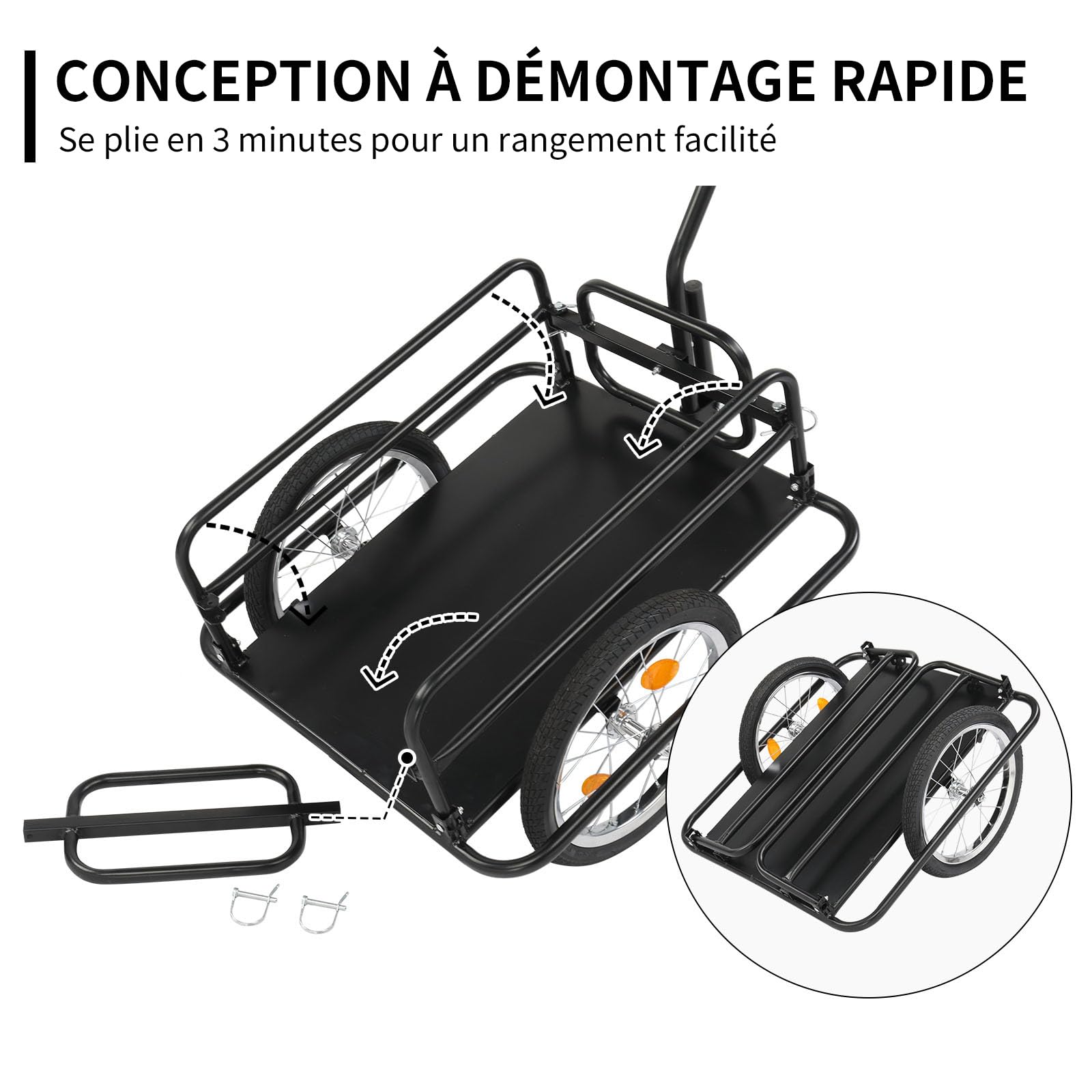 LEADZM Remorque Vélo Pliable, Remorque Cargo avec Attelage Universel, Remorque de Transport avec Pneus Pneumatiques 16 Pouces, Réflecteurs de Sécurité, 60 kg, 155 x 67 x 78 cm