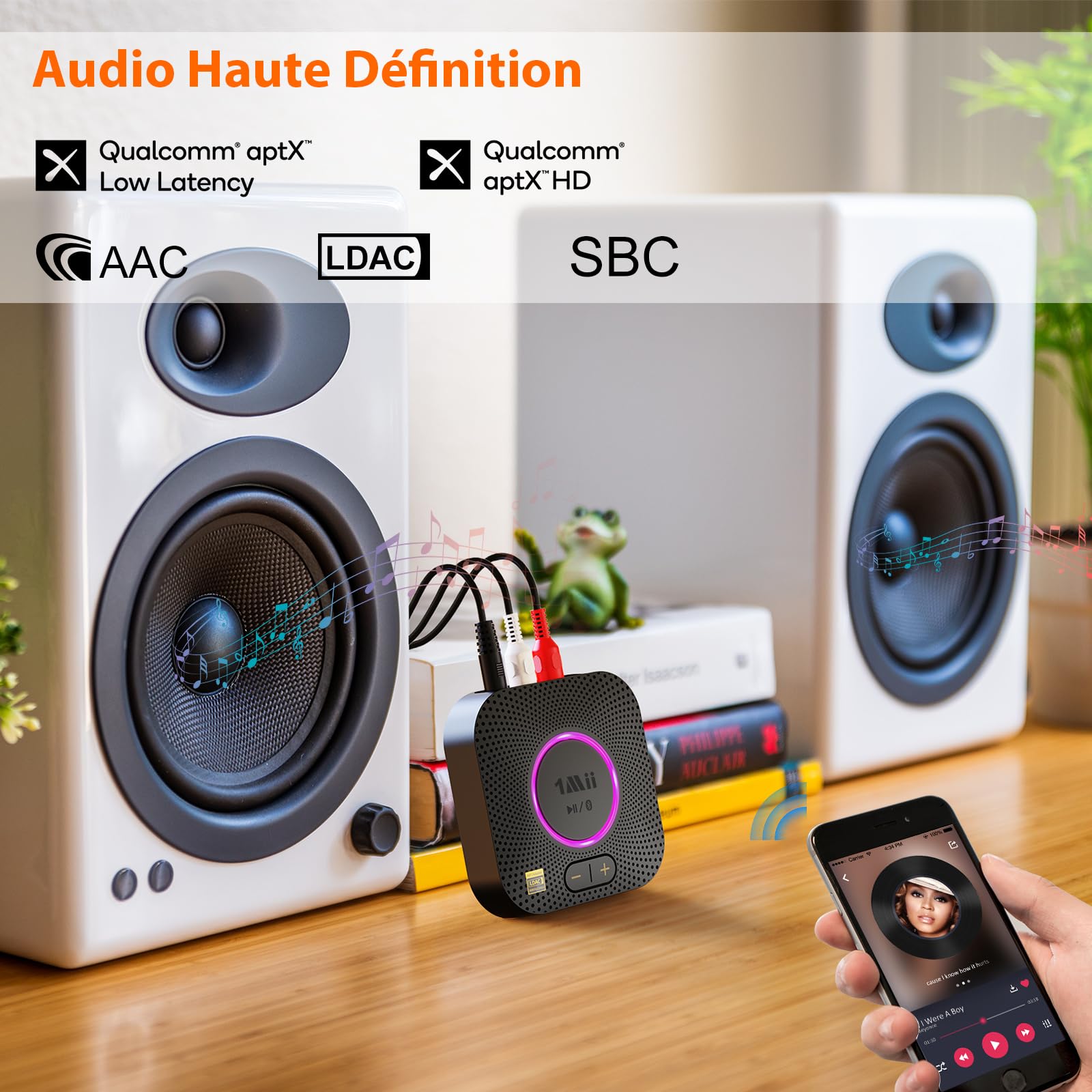 1Mii B06S+ LDAC Recepteur Bluetooth 5.3 Haute Résolution Stéréo à Domicile | Adaptateur Audio pour Musique sans Fil Hi‑Fi avec aptX HD/Faible Latence, Récepteur de Contrôle du Volume Longue Portée