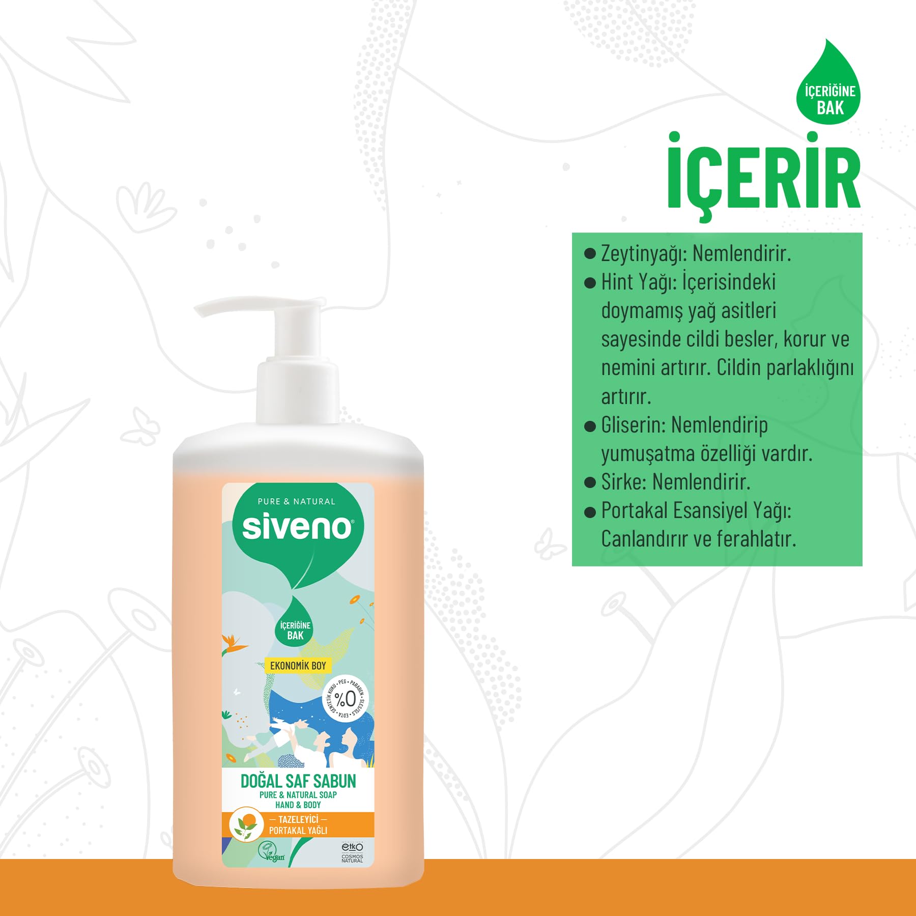 Siveno %100 Doğal Sıvı Kastil Sabun Portakal Yağlı Yoğun Nemlendirici Arındırıcı Bitkisel Vegan 1000 ml
