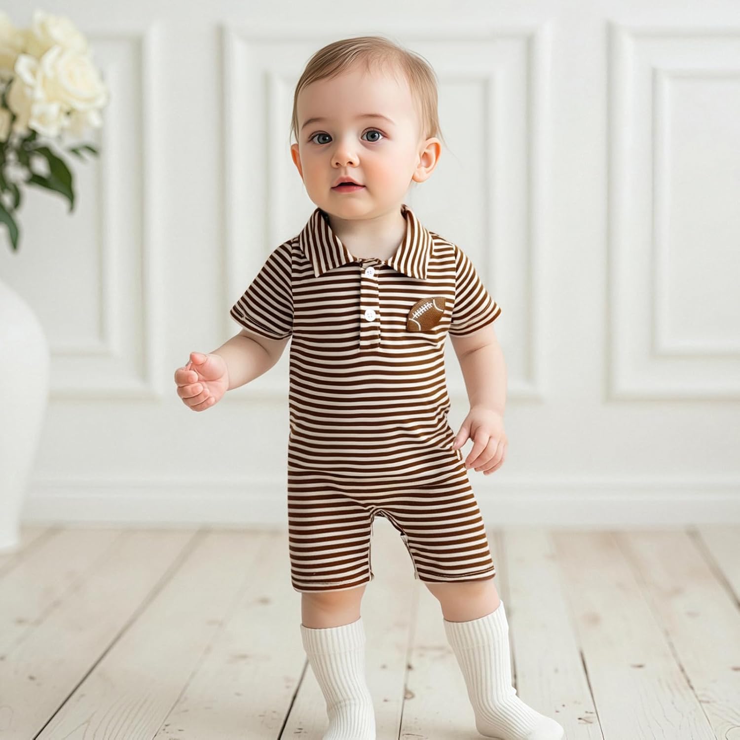 Karuedoo Newborn Baby Boy Football Outfit Embroidery Stripe Button Down Collared Shirt Romper Short Sleeve Jumpsuit Bodysuit - Image 3