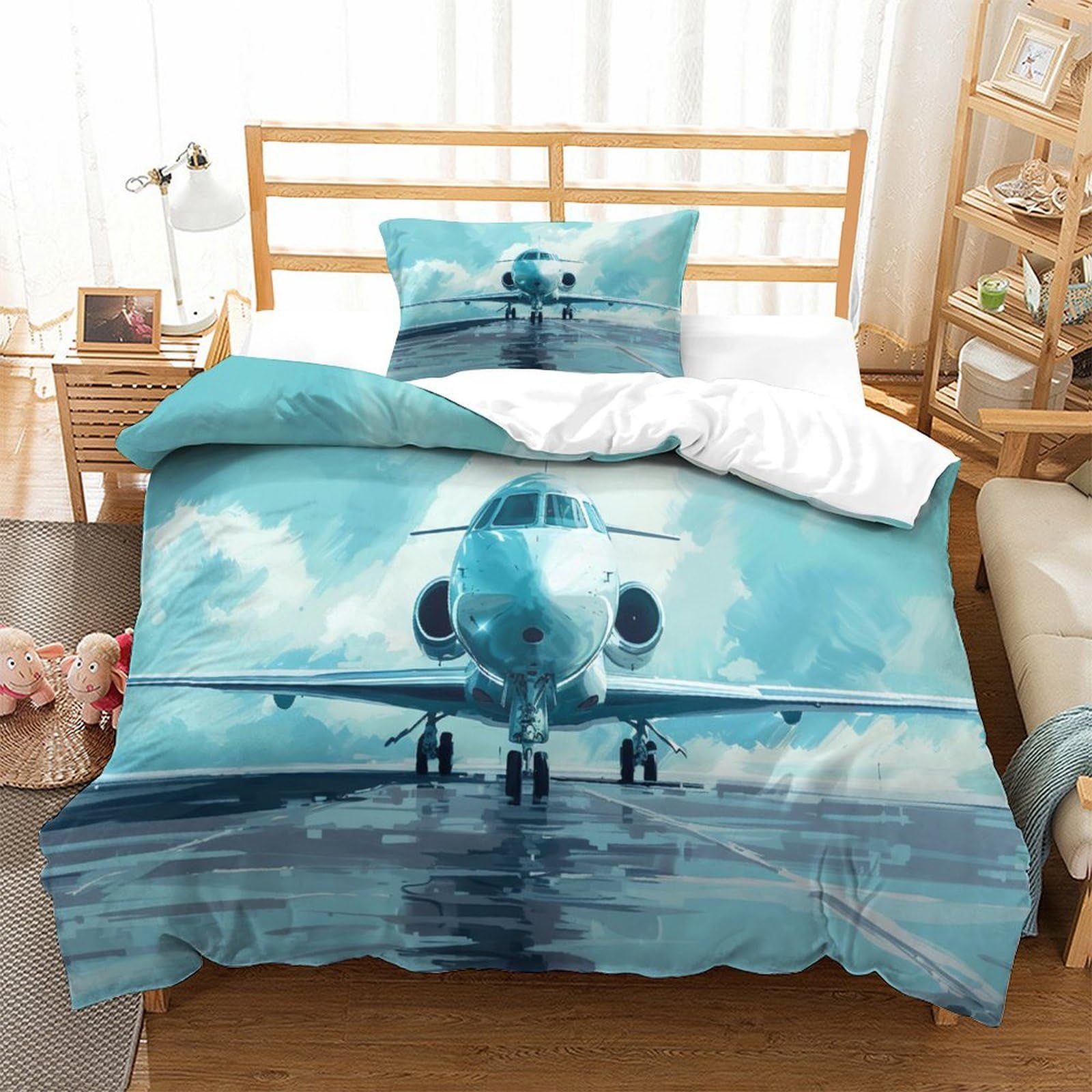 P1s9u7w5y Aircraft-4 Dynamic Aircraft 3D Printed Duvet Cover Set 3Pcs Microfiber Plane Bedding Set Single（135X200cm）