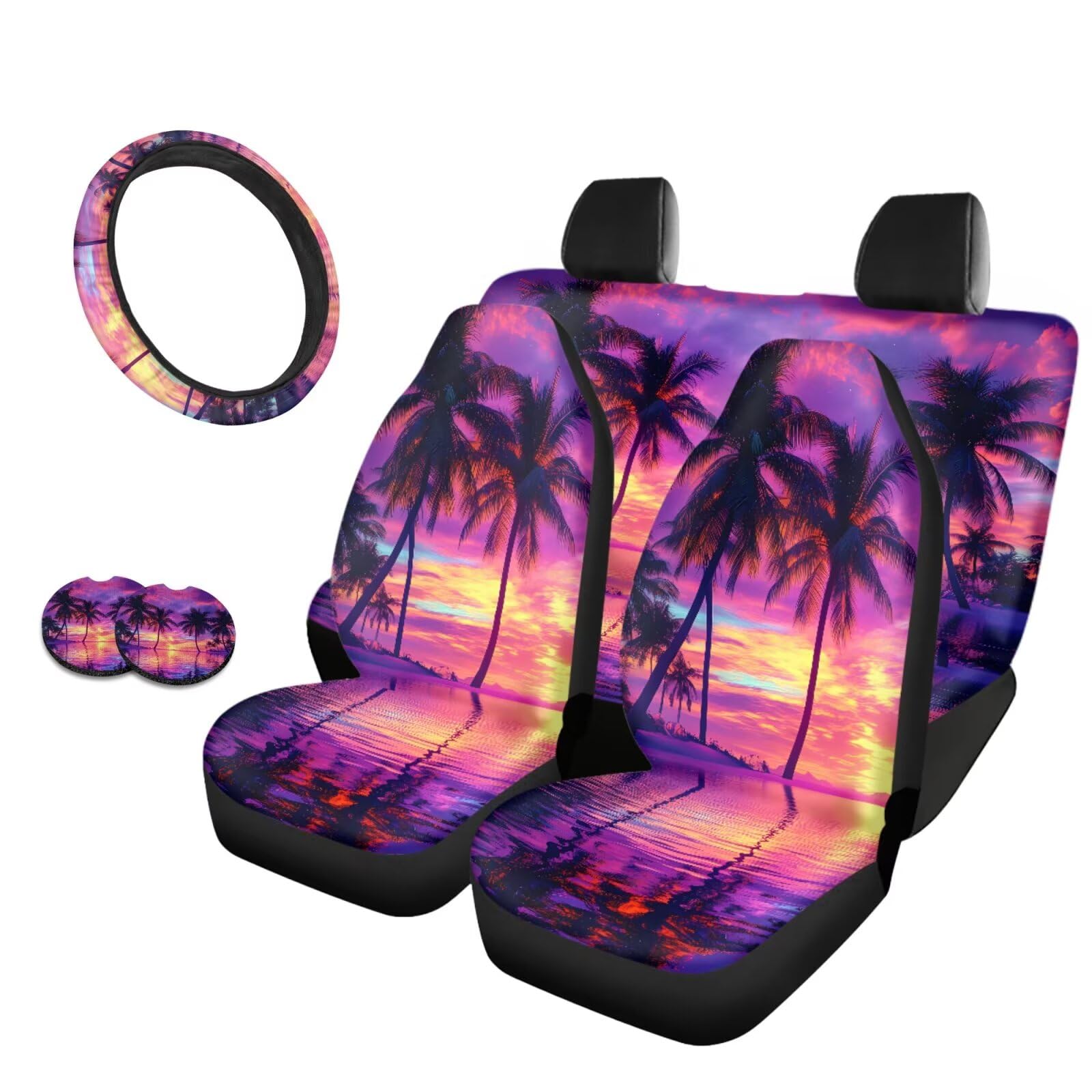 Bulopur Set completo di coprisedili per auto con palme tropicali, 7 pezzi, coprivolante, antiscivolo, elastici, coprivolante, tostapane, accessori per interni da donna e ragazza