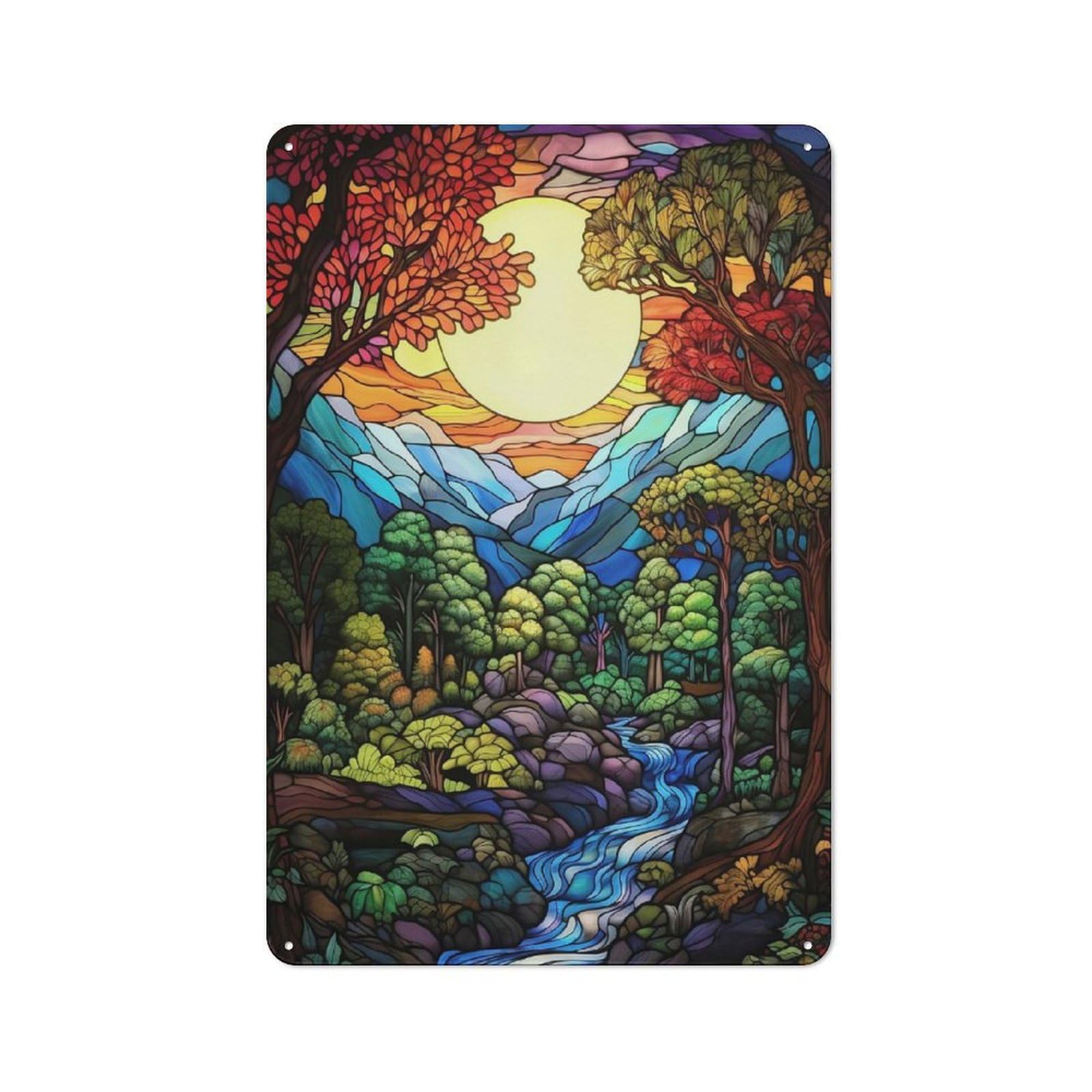 Junmoney Stained Glass Landscape With River Rustic Metal Wall Decor 30X20cm, Metal Wall Sign For Pub, Home Bar, Shed Or Man Cave