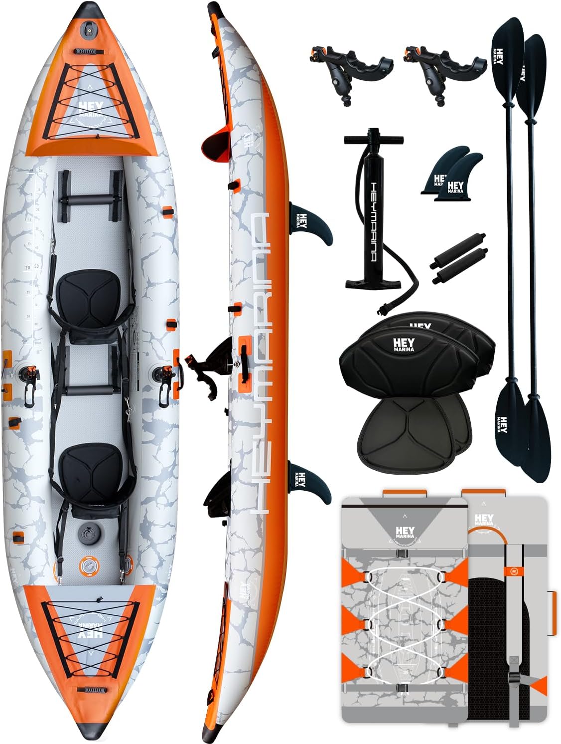 2 Person Inflatable Kayak Tandem Fishing Kayak for Adults, Portable Touring Kayak Canoe with Dual Floats, Drop-Stitch Floor and Fish Measuring Ruler, 12.5 FT