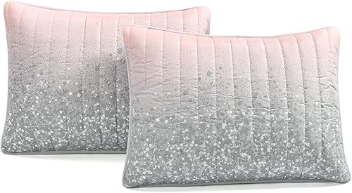 Miniatura 6 de Lush Decor Juego de edredón de 3 piezas con estampado metálico degradado con purpurina, matrimonialqueen, rubor y gris