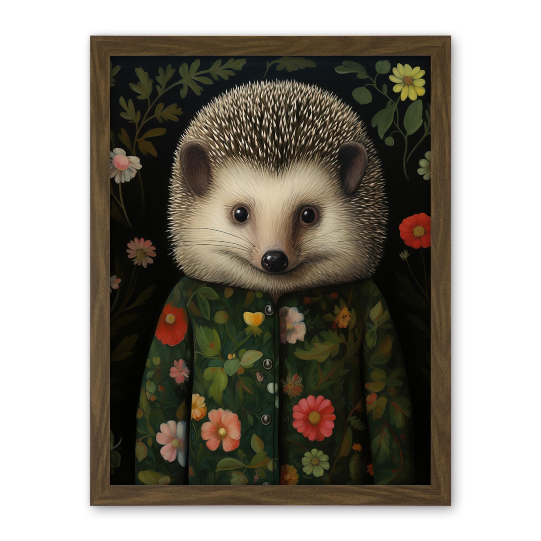 Artery8 Hedgehog in Hedgerow Floral Jacket Cute Kids Bedroom Artwork Framed Wall Art Print 18X24 Inch