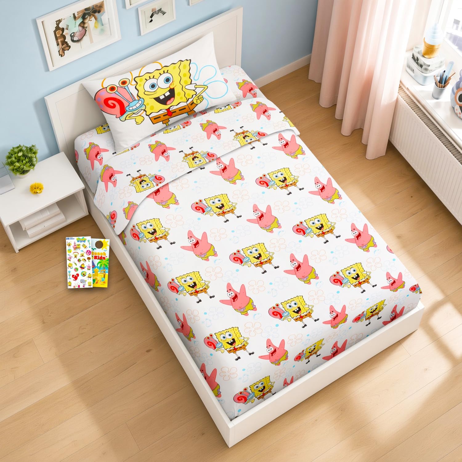 Nick Spongebob Sheet Set - Bundle of Underwater Vibes Bedding Including: Flat Sheet, Fitted Sheet, & Pillowcase for Twin Bed Plus Stickers, More for Kids